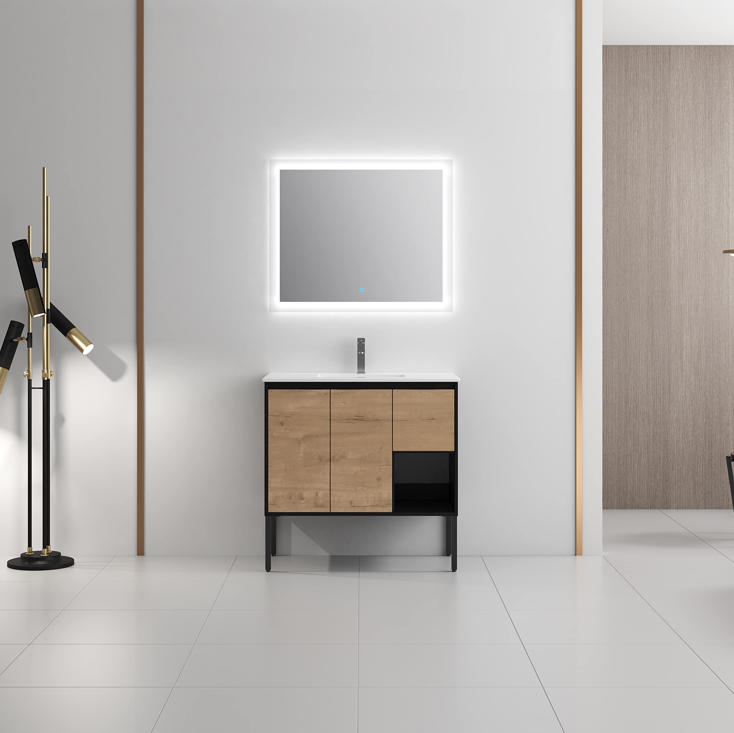 36 Inch Bathroom Vanity with Sink - Wall Mounted or Freestanding Dual-Mounted Design, Soft Close Doors & Drawers, Open Shelf Storage - Imitation Oak Finish (36