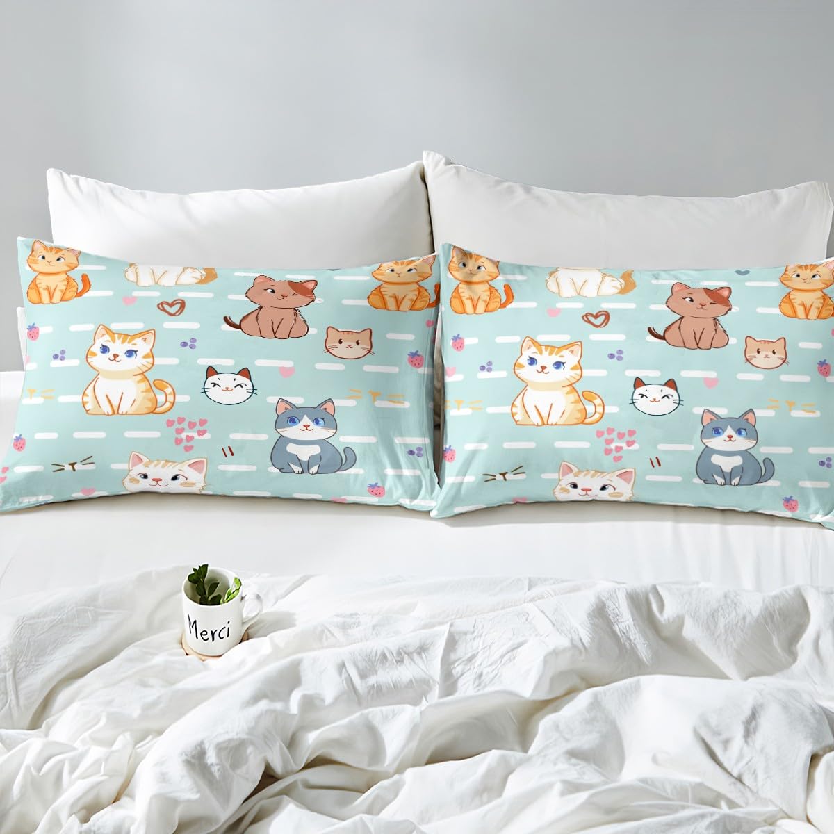 Cute Cartoon Cat Duvet Cover Set - Kawaii Kitten Print Twin Size Bedding for Kids, Boys & Girls | Pink Heart Strawberry Design for Cat Lovers | Includes 1 Pillowcase | Perfect for Toddler Bedrooms, Sleepovers & Themed Decor