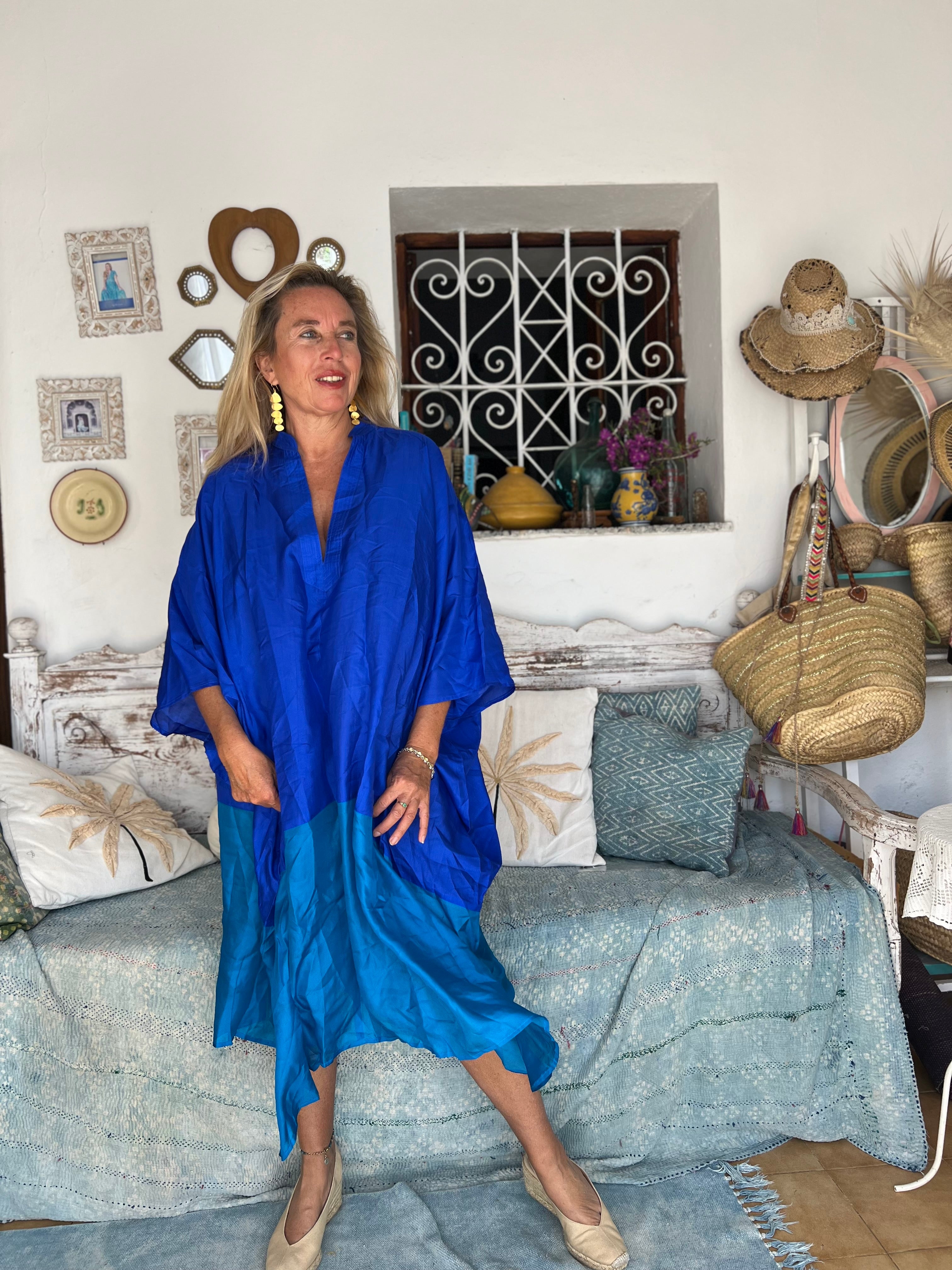 Luxury Hanoi Silk Kaftan Dress - Free Size Mid-Length Elegant Kimono Style - Perfect for Beach Cover Ups, Resort Wear & Boho Chic Outfits