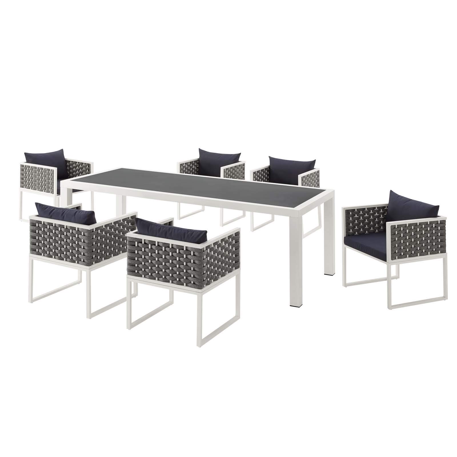 Modern Outdoor Patio Furniture Set - 5-Piece Aluminum Dining Chairs & Table with Weather-Resistant Navy Blue & White Fabric for Backyard, Garden, Poolside or Deck
