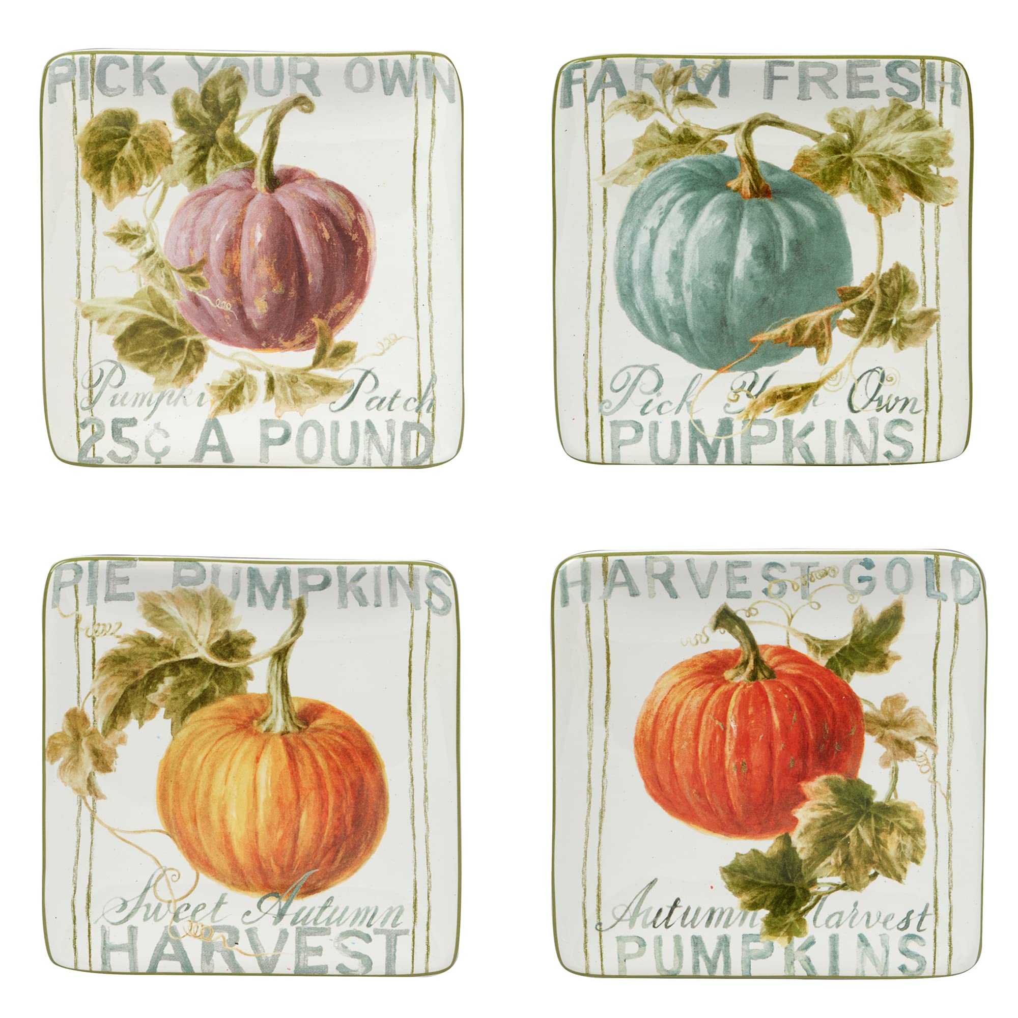 Certified International Autumn Harvest 4-Piece Square Canape & Luncheon Plate Set - Elegant Small Appetizer Plates for Parties, Tea Time & Holiday Gatherings