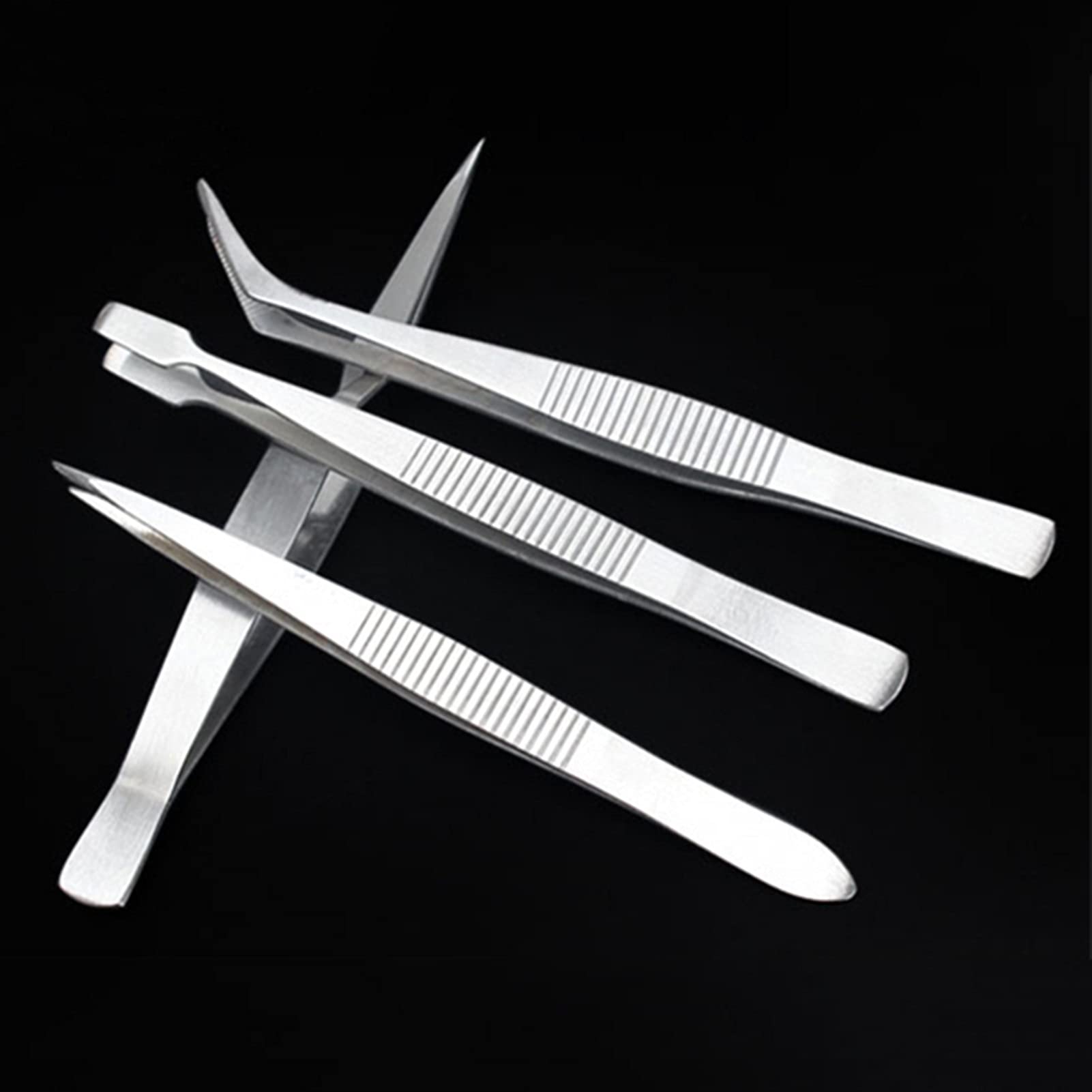 4-Piece Stainless Steel Precision Tweezers Set - Slant & Pointed Tips for Electronics, Eyebrows & Makeup - Anti-Slip Grip - Perfect for DIY, Jewelry Making & Beauty Care (Silver)