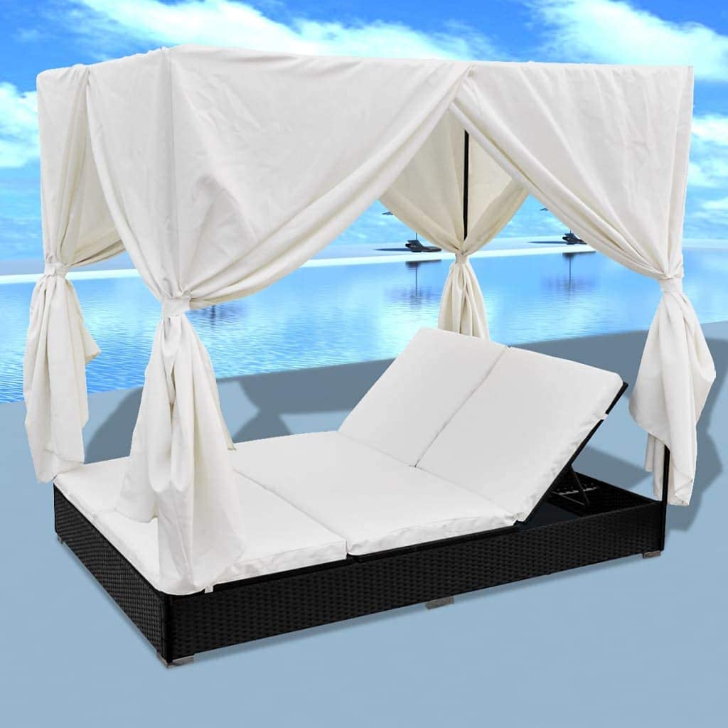 Estink 2-Piece Adjustable Sun Lounger Set with Privacy Curtains - Black PE Rattan Outdoor Lounge Bed for Garden, Patio, Poolside & Beach Relaxation