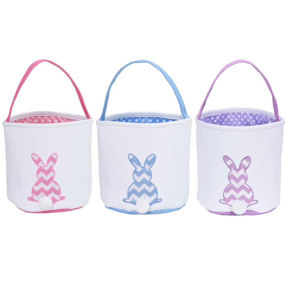 3 Pack Easter Bunny Baskets - Cotton Canvas Easter Egg Baskets for Kids - Perfect for Boys & Girls Easter Egg Hunts - Great for Easter Decorations, Party Favors & Spring Celebrations (Purple, Blue, Pink)