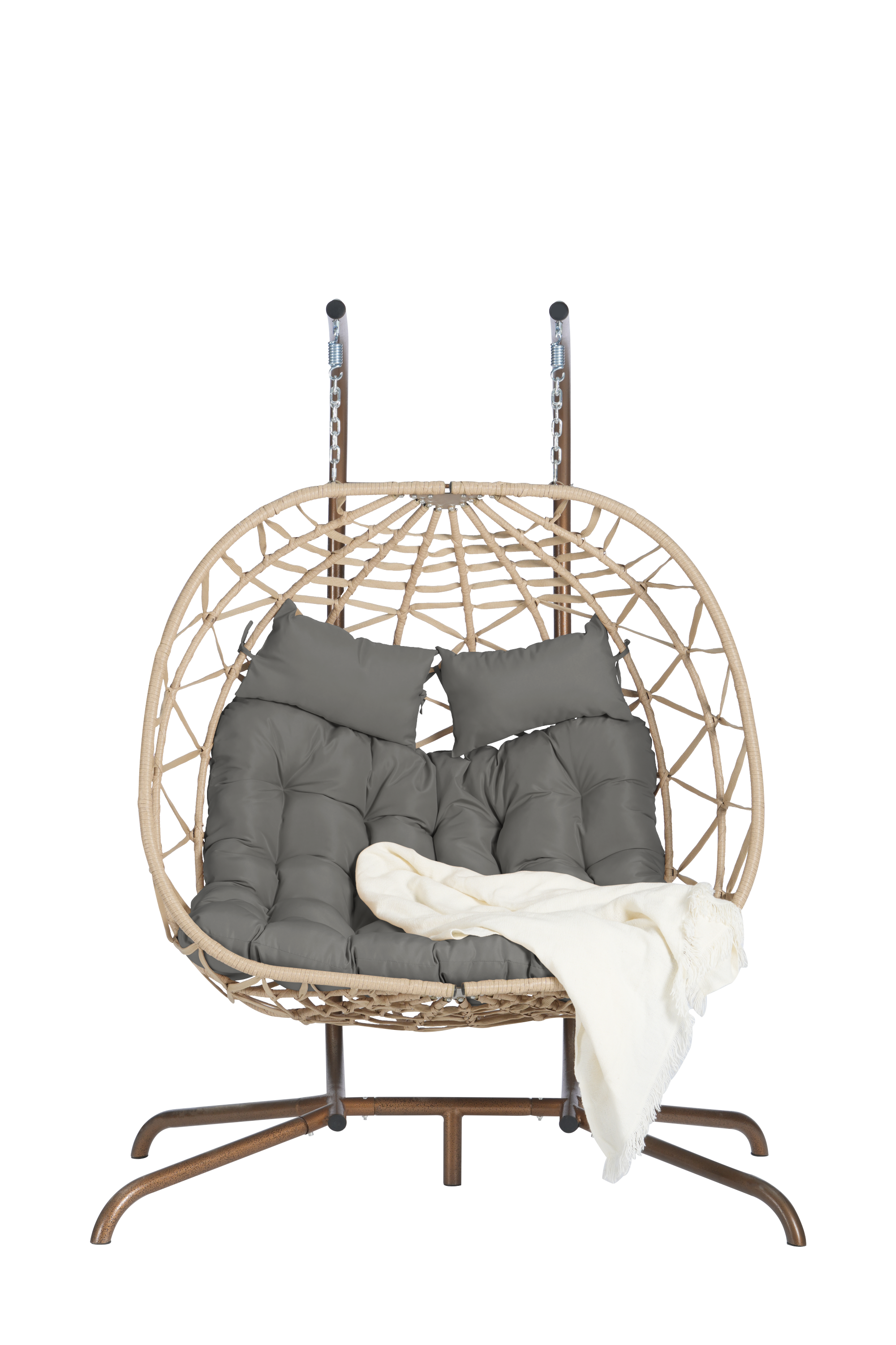 Double Egg Chair with Stand - Indoor/Outdoor Hanging Wicker Rattan Swing Chair with UV-Resistant Cushions (600 lbs Capacity) - Perfect for Bedroom, Balcony, Patio & Garden Relaxation