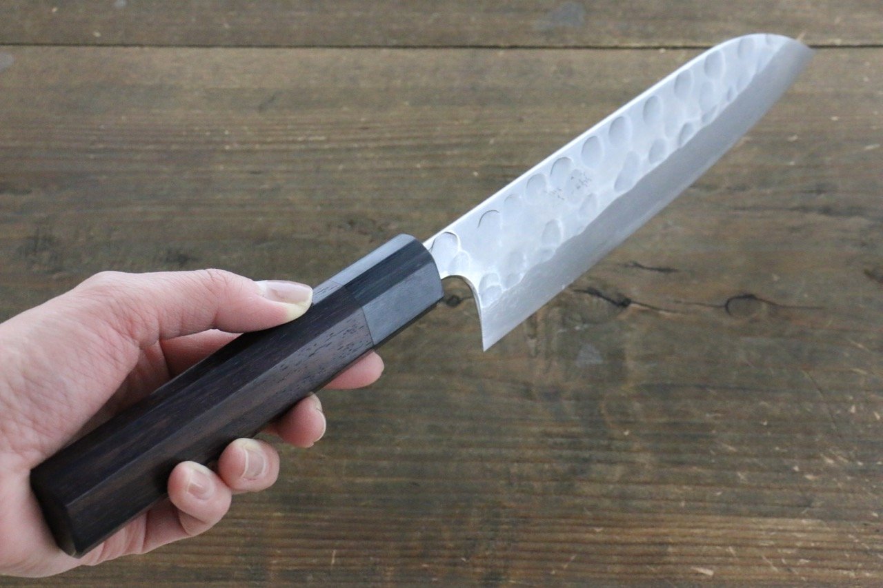 Premium Seisuke Blue Steel No.2 Hammered Damascus Santoku Knife 180mm - Japanese Chef Knife with Shitan Handle - Perfect for Slicing, Dicing & Chopping Vegetables, Meat & Fish
