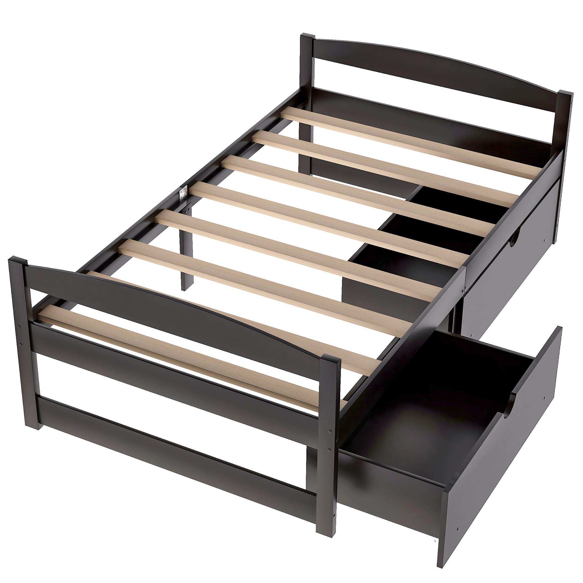 Polibi Twin Size Wood Platform Bed Frame with 2 Rolling Storage Drawers - Espresso Finish for Small Spaces, Kids Room & Guest Bedroom