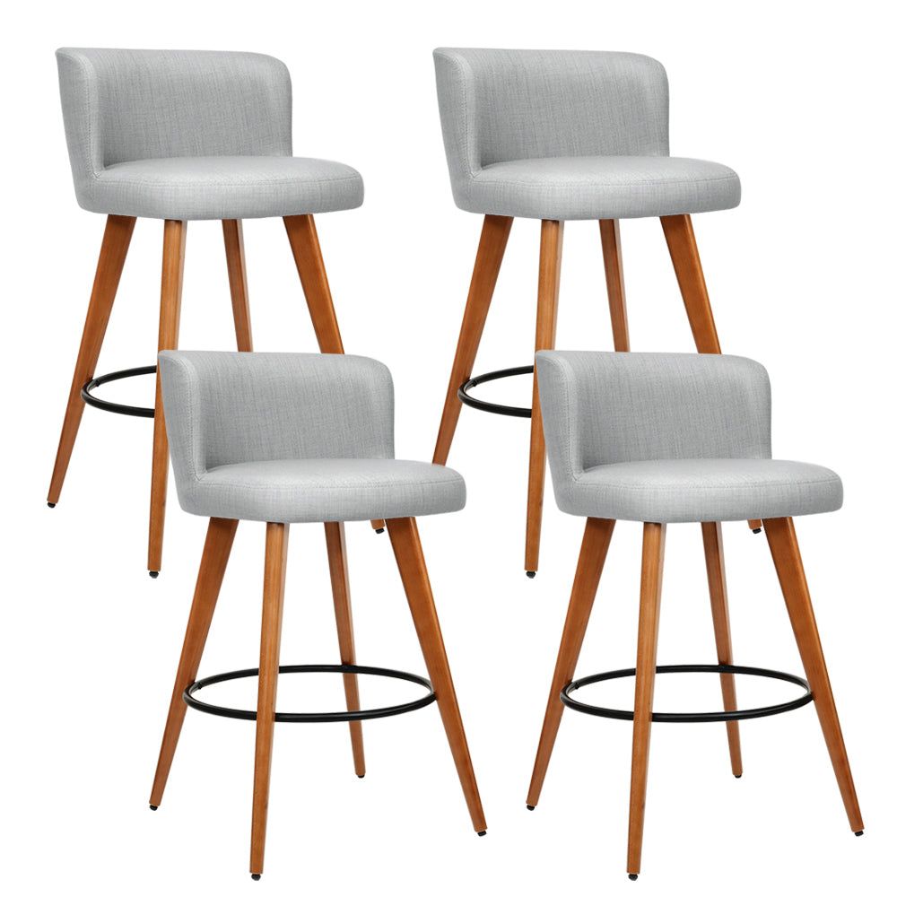 4 Bar Stools with Linen Padded Seats - Solid Wood Frame in Grey - Perfect for Kitchen Island, Breakfast Nook & Home Bar Decor