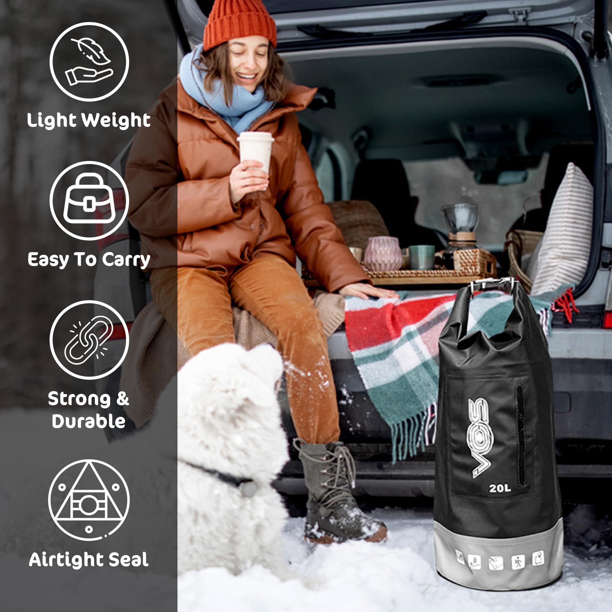 VOS 20L Waterproof Dry Bag – Lightweight Premium Dry Storage Backpack for Travel, Swimming, Boating, Kayaking, Camping & Beach | All-Weather Protection for Outdoor Adventures (Black/Grey)