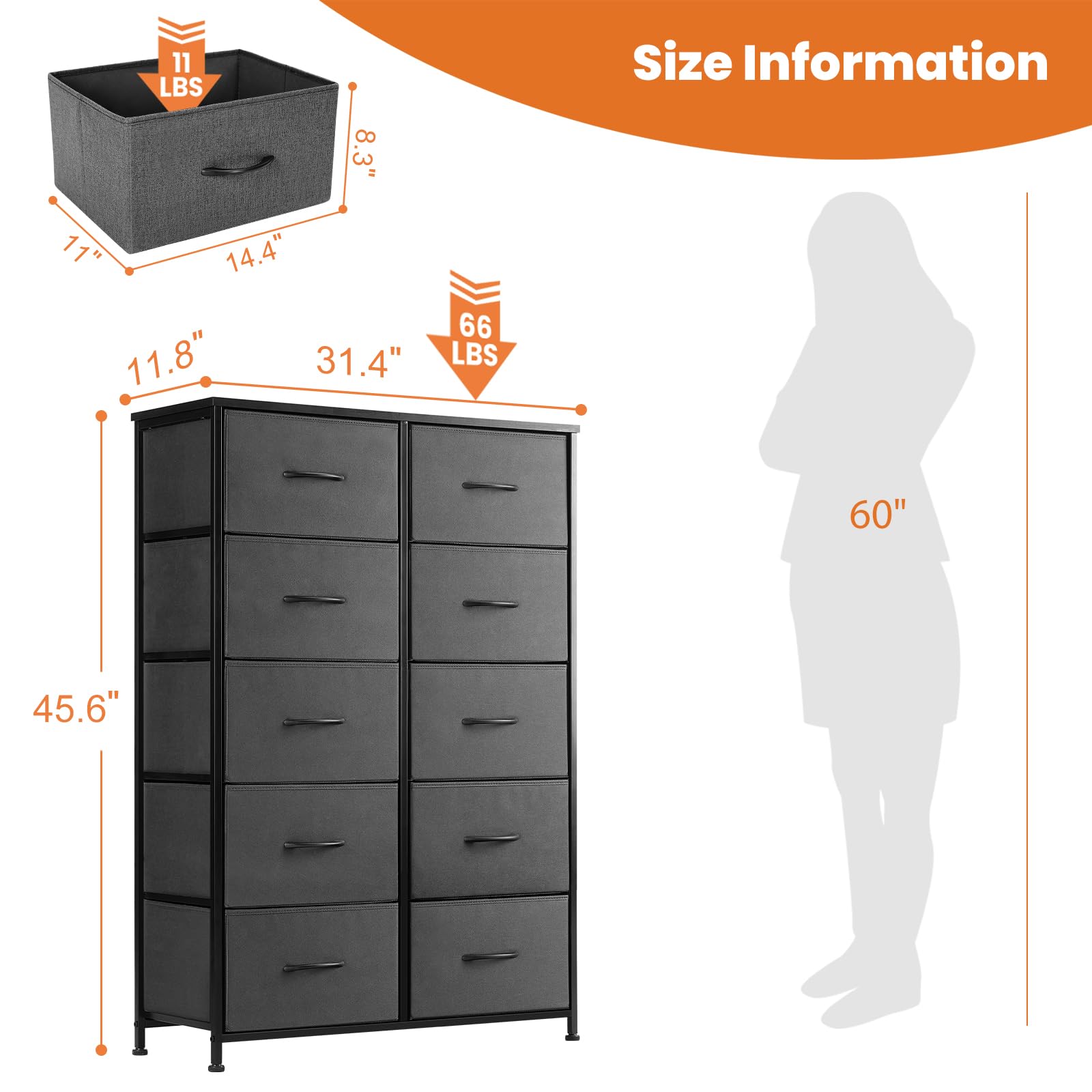 Sweetcrispy 10-Drawer Tall Dresser for Bedroom - Wood Top & Steel Frame Chest of Drawers with Fabric Bins - Bedroom Storage Organizer for Clothes, Accessories - Perfect for Bedroom, Closet & Entryway Organization