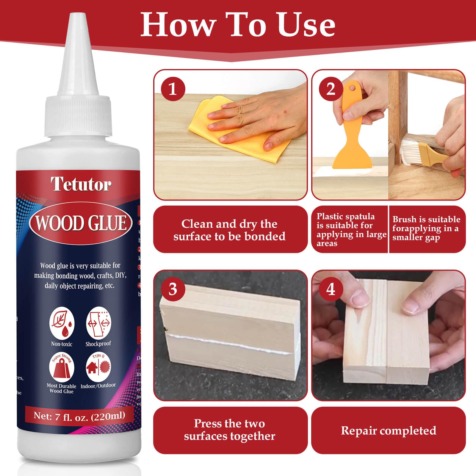 220ml Heavy Duty Wood Glue for Furniture Repair & Woodworking - Waterproof Clear Adhesive with Brush & Spatula Included - Strong Bond for Crafts, DIY Projects, and Home Improvement