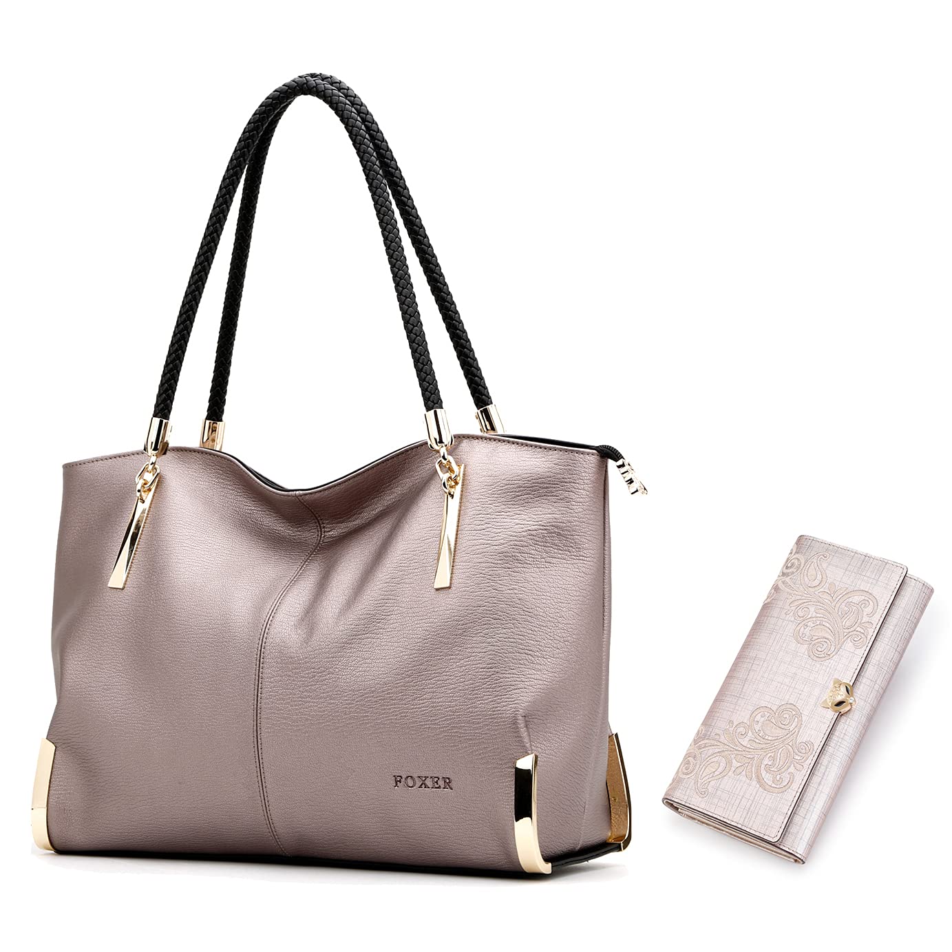 FOXER Genuine Leather Tote Bag & Embroidered Wallet Set (2-Piece) - Stylish Metallic Handbag Purse with Matching Wallet for Women | Perfect for Work, Travel & Everyday Use
