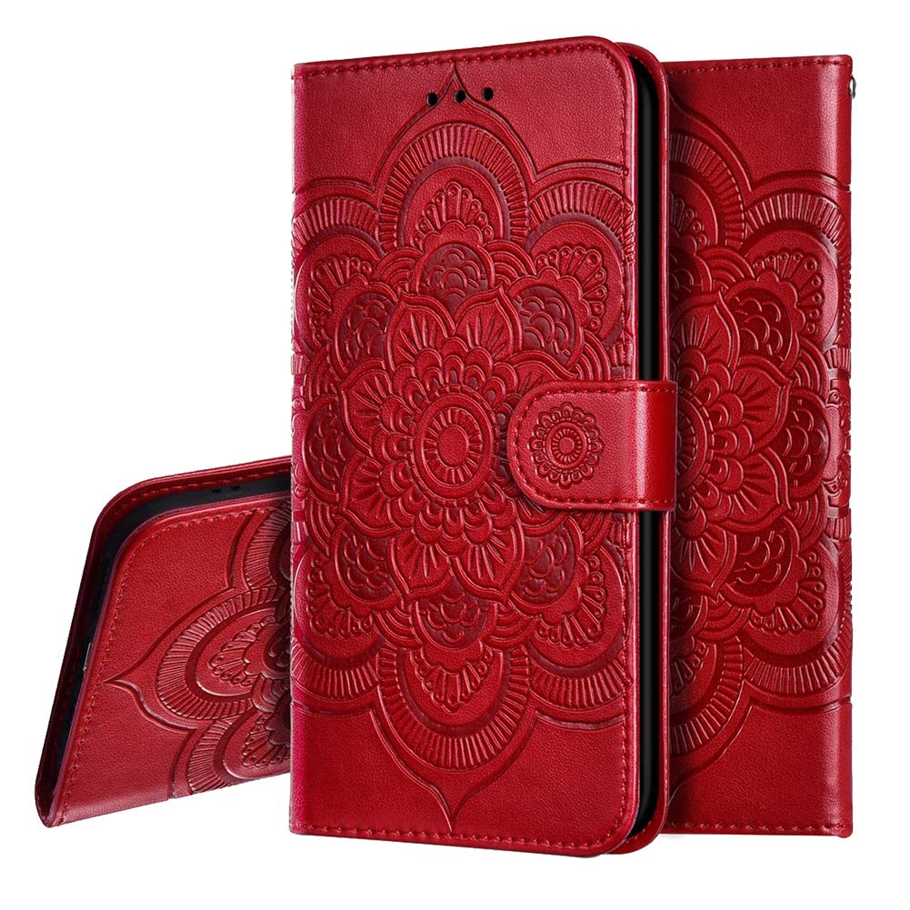 Premium PU Leather Mandala Embossed Flip Case for Samsung Galaxy A02S - Wallet Phone Cover with Card Slots & Magnetic Stand (Red) - Perfect for Daily Use, Travel, and Business Meetings