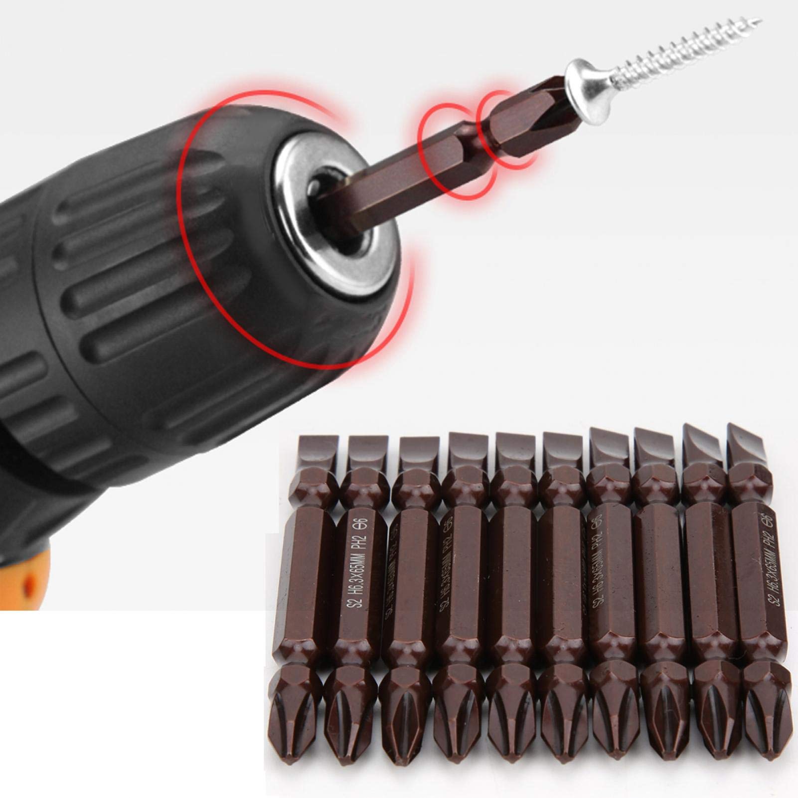 10-Piece Double Ended Magnetic Screwdriver Bit Set - H6.3 x 65mm Phillips/Slotted (Red) - Compatible with Electric & Manual Screwdrivers - Perfect for DIY Home Repairs, Furniture Assembly, and Electronics Maintenance