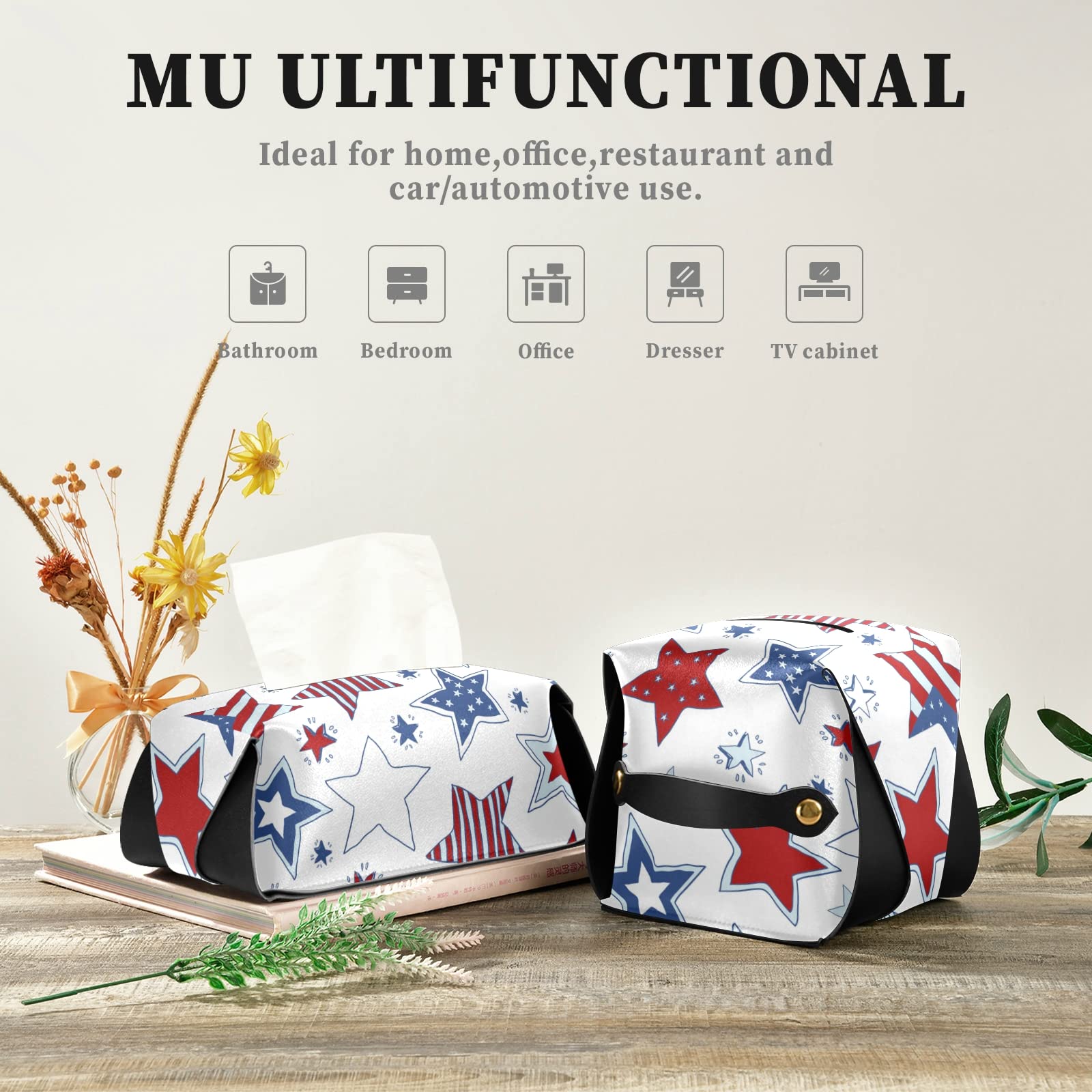 USA Flag Leather Tissue Box Cover - White & Blue Stars Design with Handle for Bathroom, Home, Office, Car | 5.7x5.7x5.7 in | Perfect for Nightstands, Vanity Countertops & Desk Decor