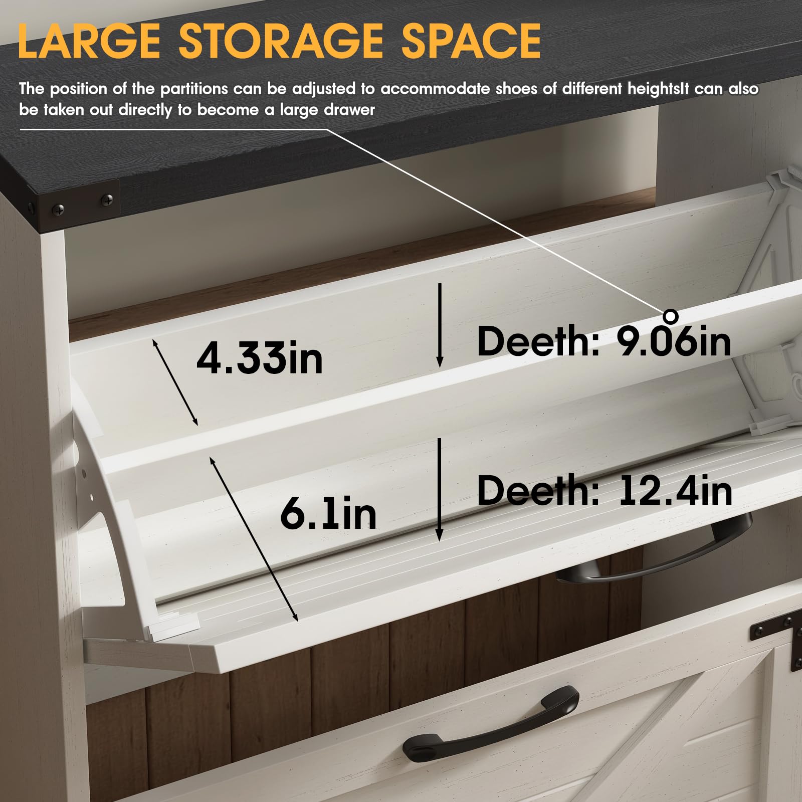 Maupvit 24 Inch Wide White Farmhouse Style Shoe Storage Cabinet - Freestanding Entryway Organizer with 2 Flip-Up Drawers, Narrow Shoe Rack with Decorative Metal Corners - Perfect for Small Spaces, Hallways and Closet Organization