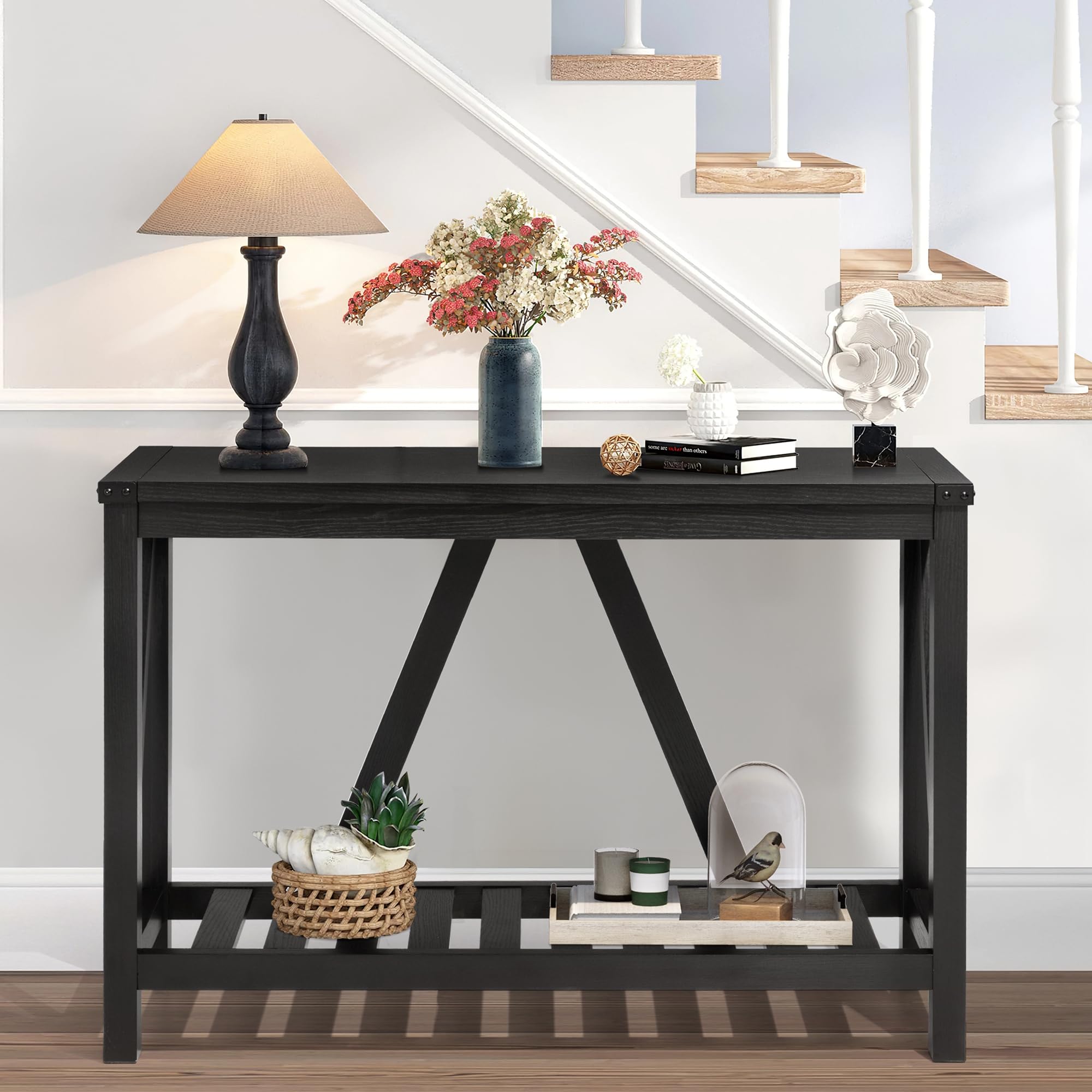Farmhouse Style Wooden Entryway Console Table with Storage Shelves - Rustic Sofa Table for Living Room, Hallway, Foyer - Black Finish (1PC) - Perfect for Small Space Organization & Home Decor