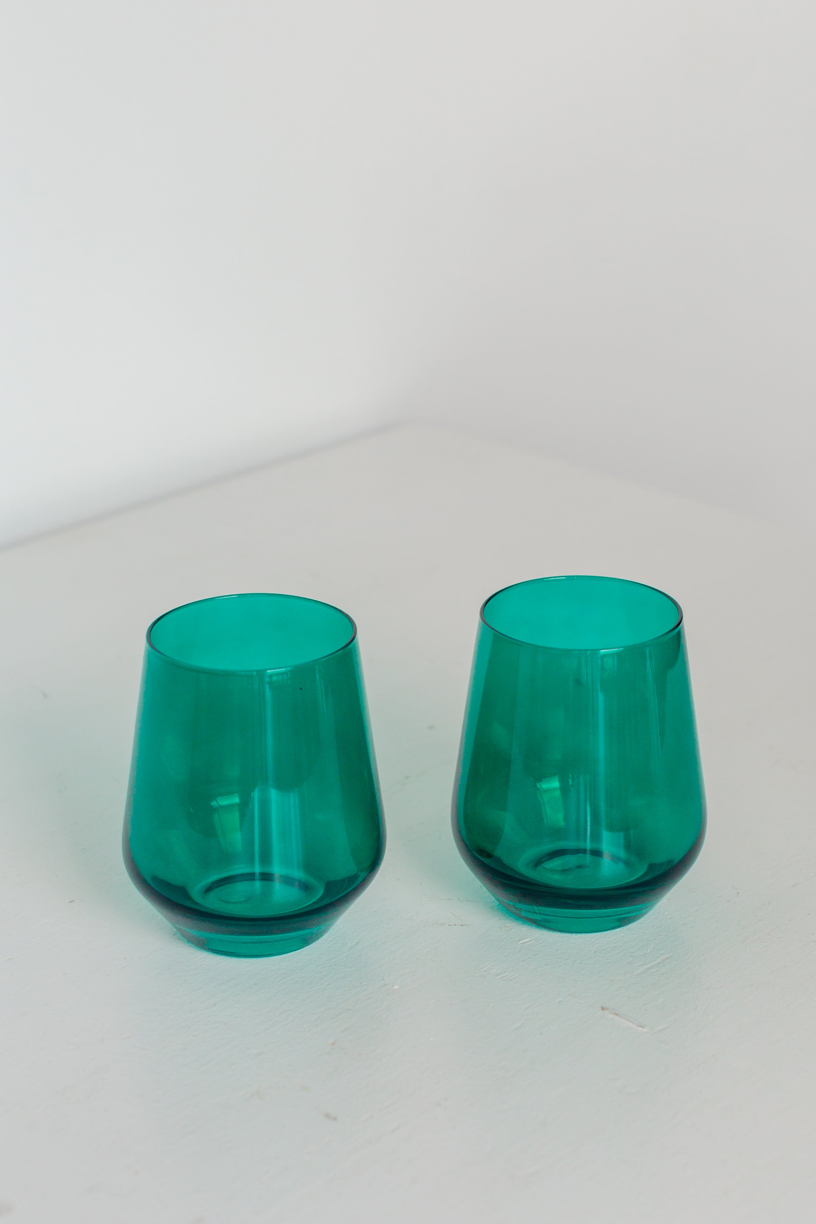 Estelle Stemless Wine Glasses Set of 2 - Emerald Green, Shatterproof Crystal Clear Cups for Red & White Wine, Perfect for Dinner Parties, Weddings & Home Decor