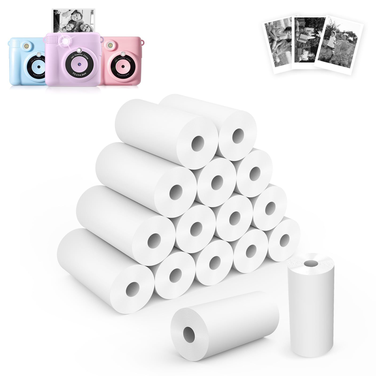 16 Rolls Kids Camera Instant Print Paper - HD Thermal Photo Printer Paper Rolls Compatible with Most Instant Print Cameras for Children (White, 16 Pack) - Perfect for Birthday Parties, Travel Memories & Creative Projects