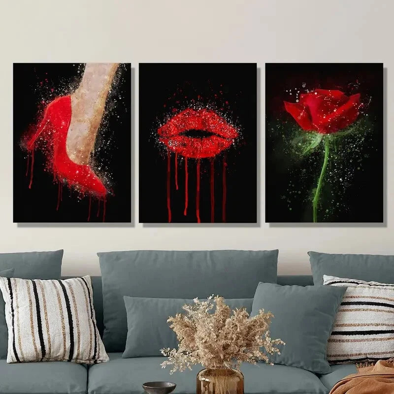 3PCS Fashion Red High Heels with Red Lips & Rose Metal Wall Art - Ready to Hang, Perfect for Bedroom, Living Room & Office Decor