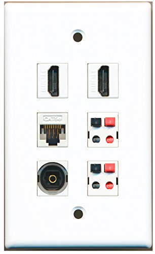 RiteAV 2-Port HDMI Wall Plate with Toslink & Cat5e Ethernet - White - Ideal for Home Theater & Speaker System Installations