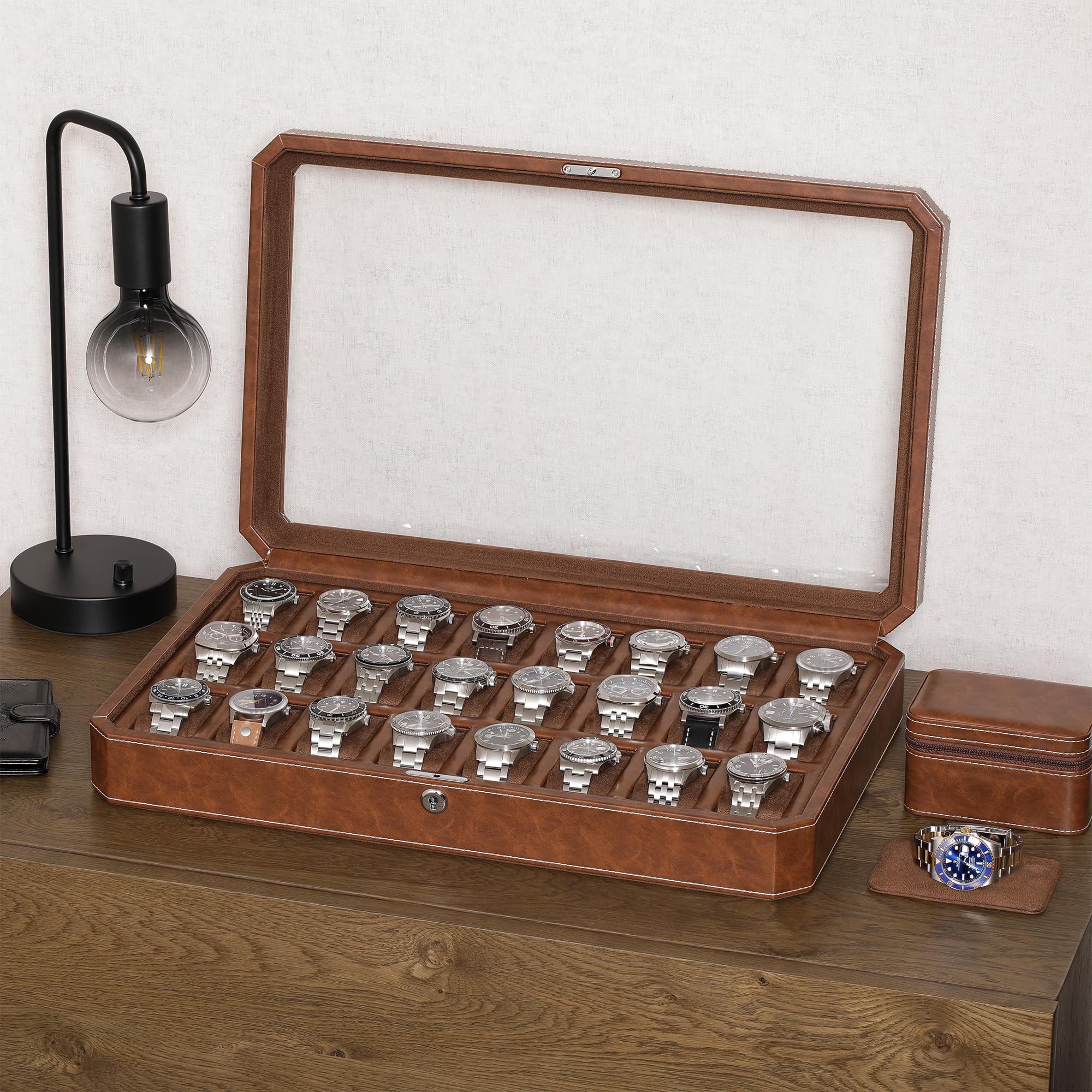 ROTHWELL 24 Slot Luxury Watch Box with Lock - Premium Leather Watch Case Organizer for Men | Real Glass Top Display | Collector's Storage for Rolex, Omega & More | Perfect for Home, Office & Travel (Tan/Brown)