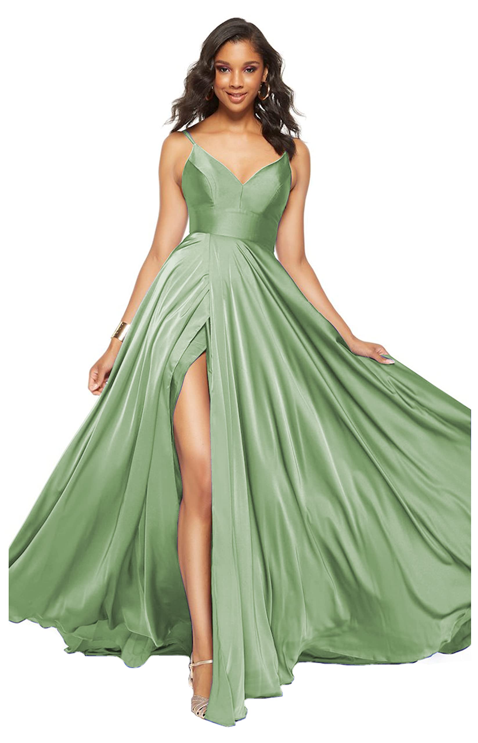JVNKEIL Women's Spaghetti Strap Prom Dress Long Ball Gown V-Neck Satin Formal Evening Party Gown with Slit - Perfect for Homecoming, Prom Night, Wedding Guest & Black Tie Events