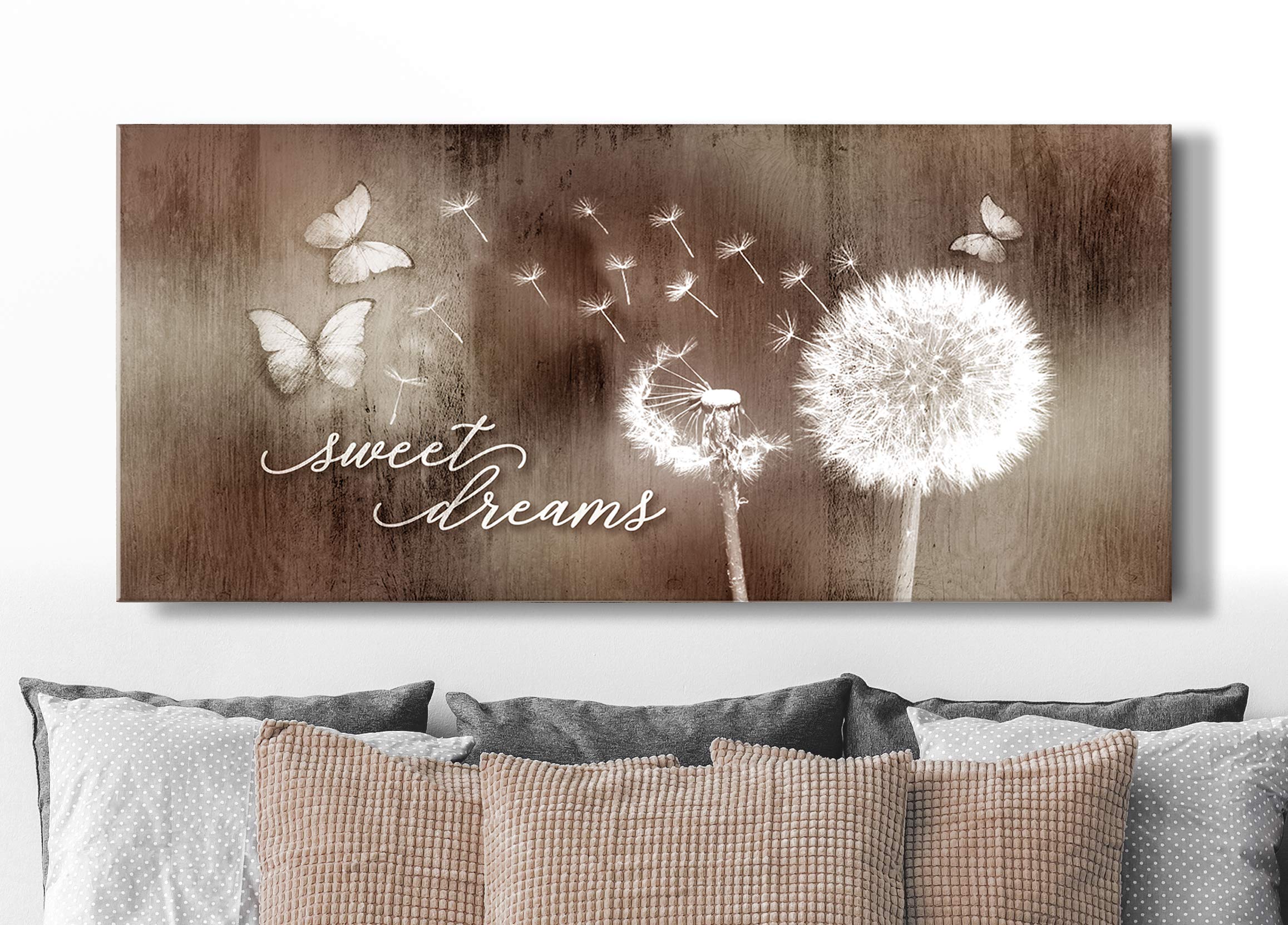Sweet Dreams Dandelion Wall Art - Large 42x19 Brown Canvas Painting for Master Bedroom Decor, Above Bed Wall Decor, Boho Home Decor, Perfect for Bedroom & Nursery Wall Art | Wall Signs for Bedroom & Living Room