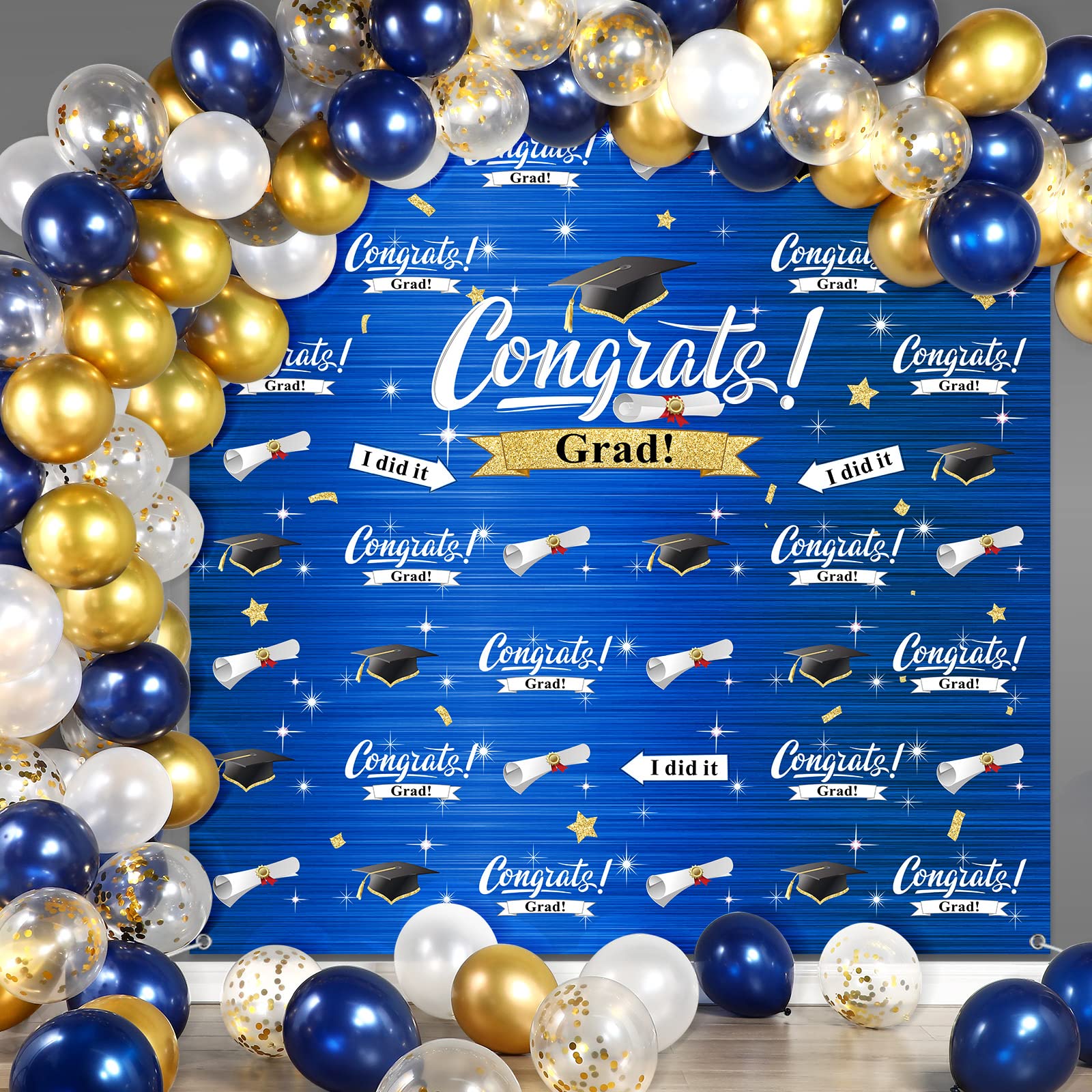Graduation Party Decorations Kit - Congrats Grad Backdrop, Balloons, Garland & Arch for Adults & Kids - Navy Blue & Gold - Perfect for Graduation Ceremonies, Photo Booths & Home Celebrations