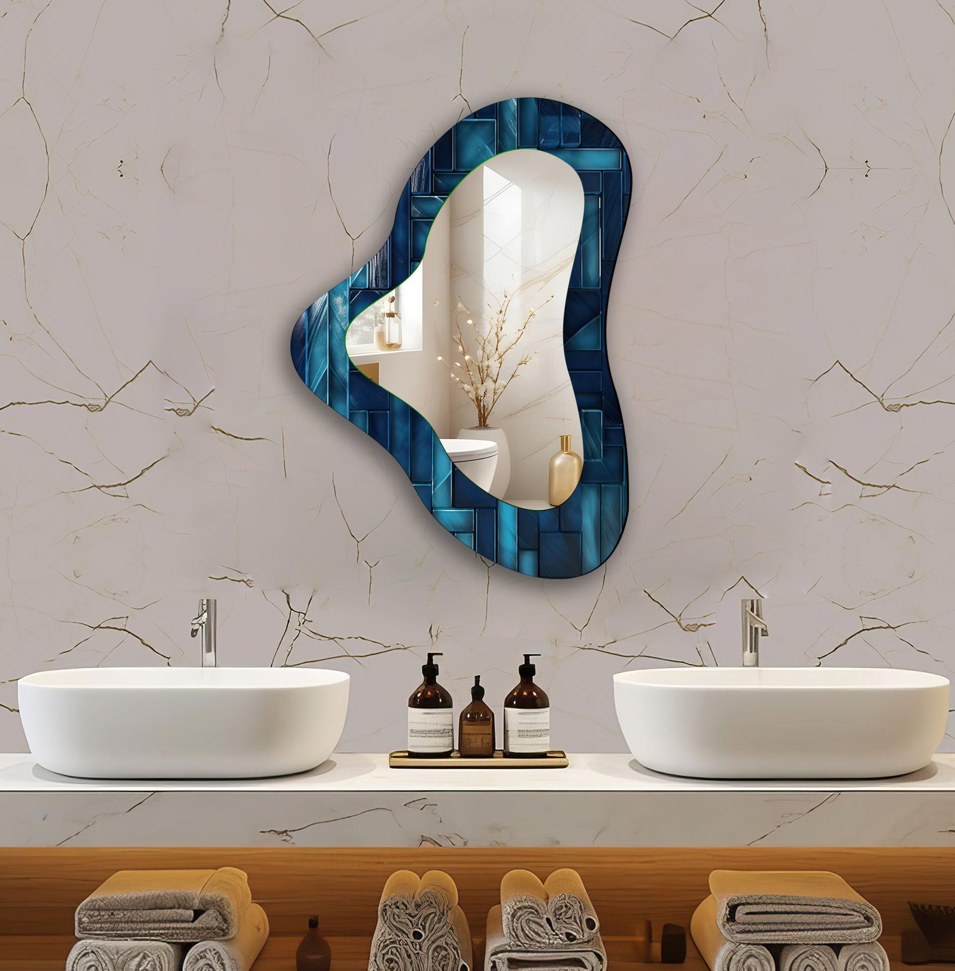 Blue Tiles Accent Irregular Glass Wall Mirror - Modern Decorative Bathroom & Living Room Wall Decor for Home & Office
