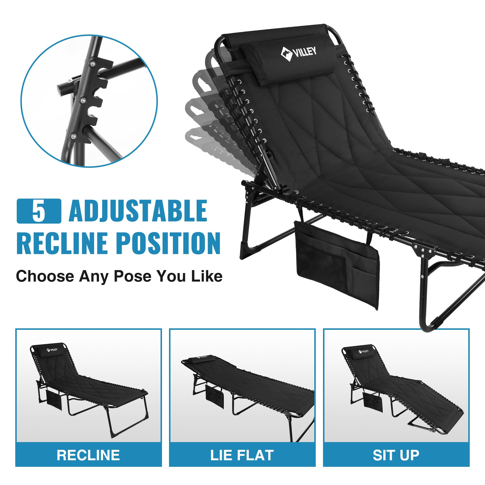 VILLEY Oversized Padded Chaise Lounge Chair with Cushion - Foldable Camping Cot & Patio Recliner - Portable Folding Sleeping Bed for Outdoor, Indoor, Backyard, Garden - Perfect for Camping, Beach Tanning, Poolside Relaxation & Sunbathing