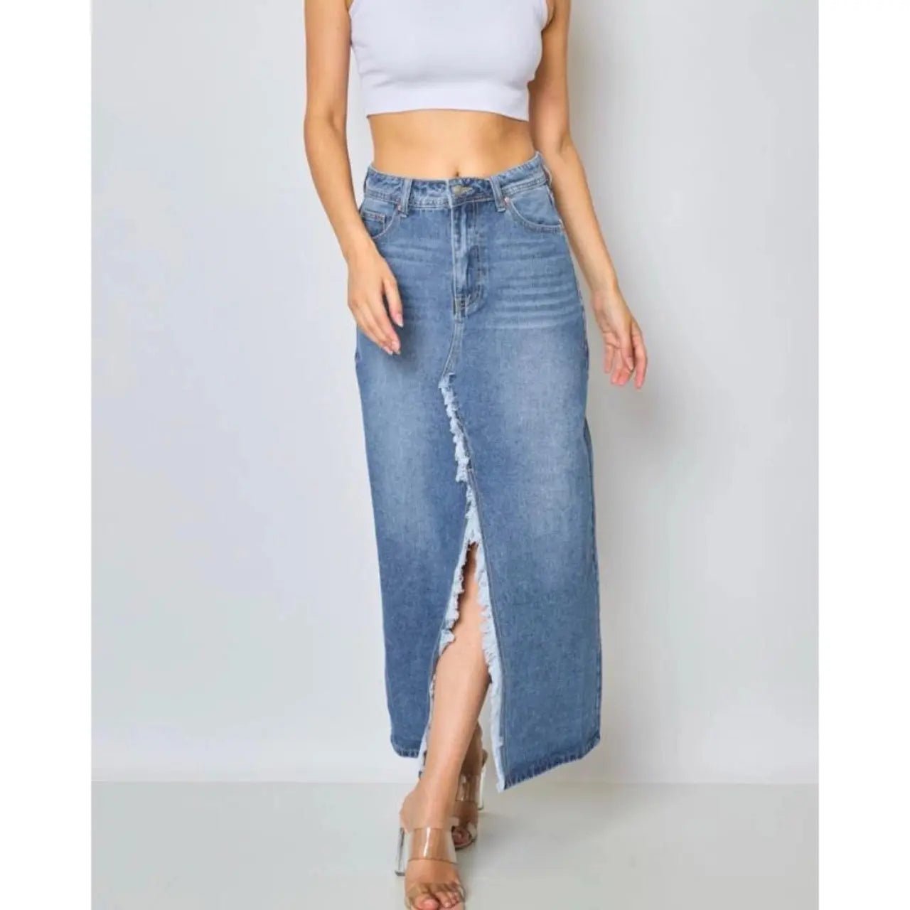 Clarisse Long Denim Skirt for Women - High Waist A-Line Maxi Skirt with Pockets - Perfect for Casual Outings, Beach Wear, and Boho Fashion