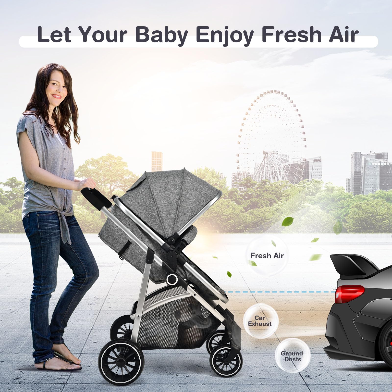 BABY JOY 2-in-1 Convertible Baby Stroller - Reversible Seat, Adjustable Canopy & Backrest, Removable Footmuff for Newborn to 3 Years (0-36 Months) | Lightweight Foldable Travel Stroller for Shopping, Park & Daily Use | Gray