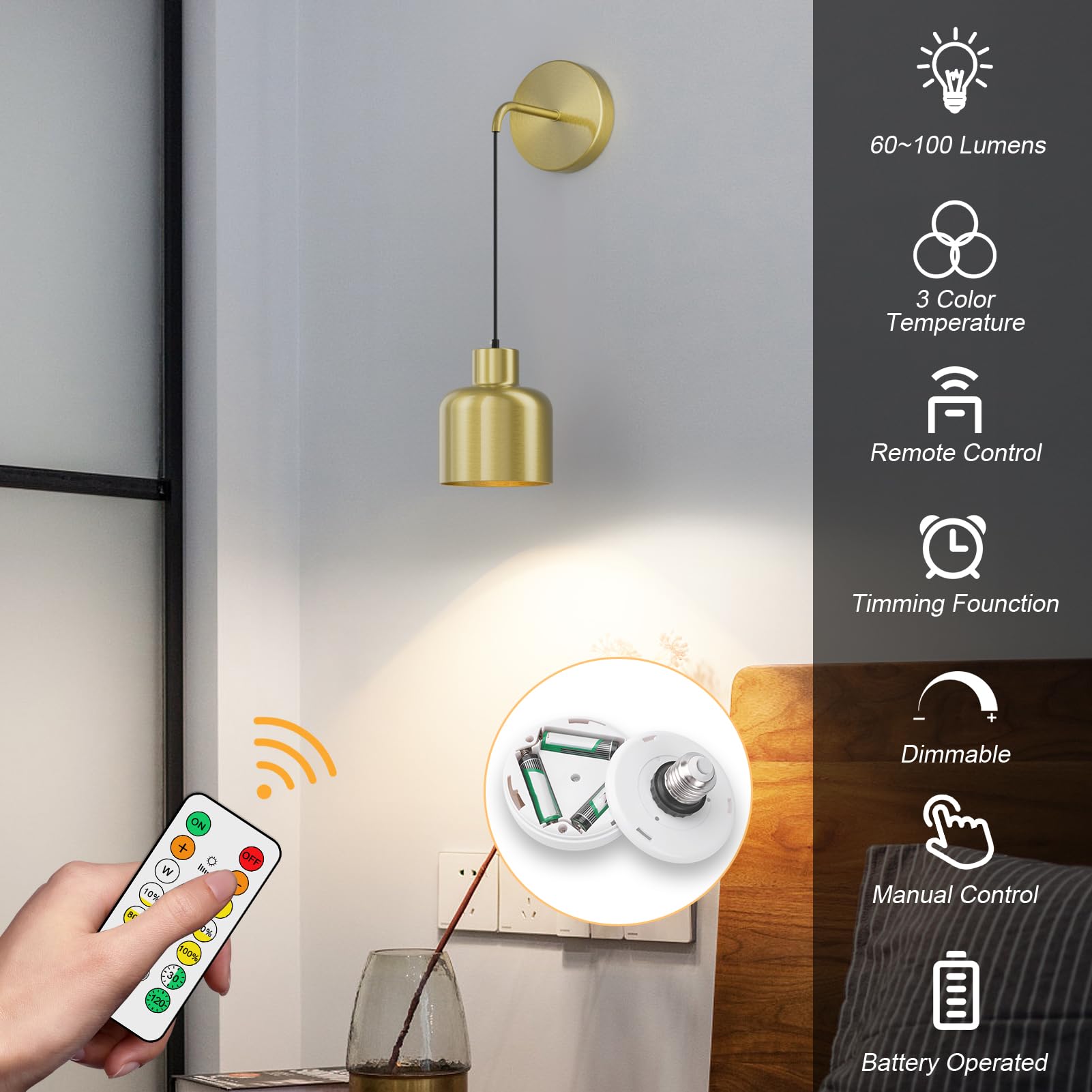 Remote Control Battery Operated Wall Sconces - Modern Gold Dimmable Wall Lights with Timer, Wireless Indoor Lighting for Bedroom, Living Room & Bathroom (2-Pack) - Perfect for Ambiance, Reading & Night Lights