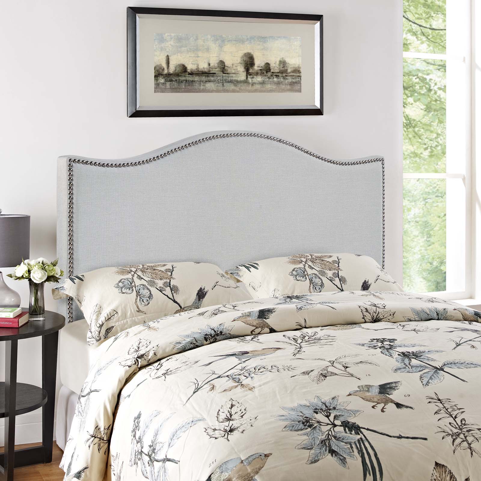 Elegant Curl Nailhead Upholstered Headboard - Queen Size Bed Frame Headboard for Bedroom Decor, Home Furniture & Master Suite Upgrade - Perfect for Modern, Traditional or Farmhouse Style Bedrooms