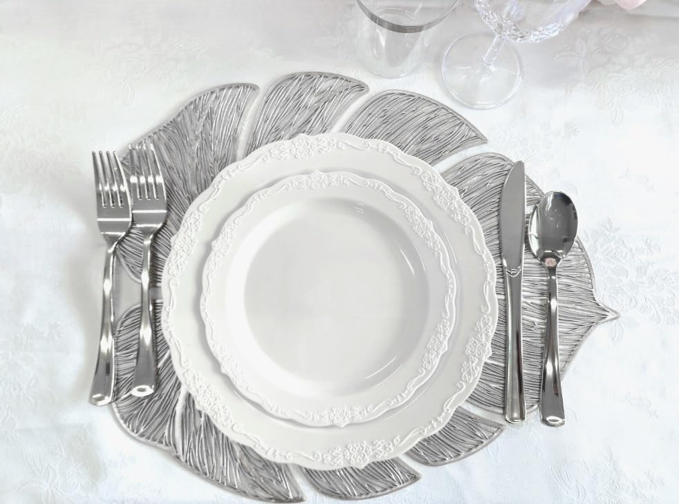 120-Piece Pressed Vinyl Metallic Placemats Set - Elegant Wedding & Event Table Decor in Garden Silver - Perfect for Dinner Parties, Bridal Showers & Holiday Gatherings