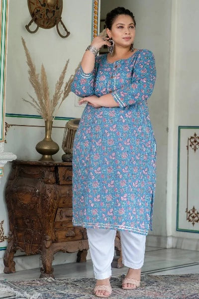 Stylish Plus Size Blue & Pink Cotton Straight Kurti for Women | Comfortable Casual Wear for Parties, Office & Festivals