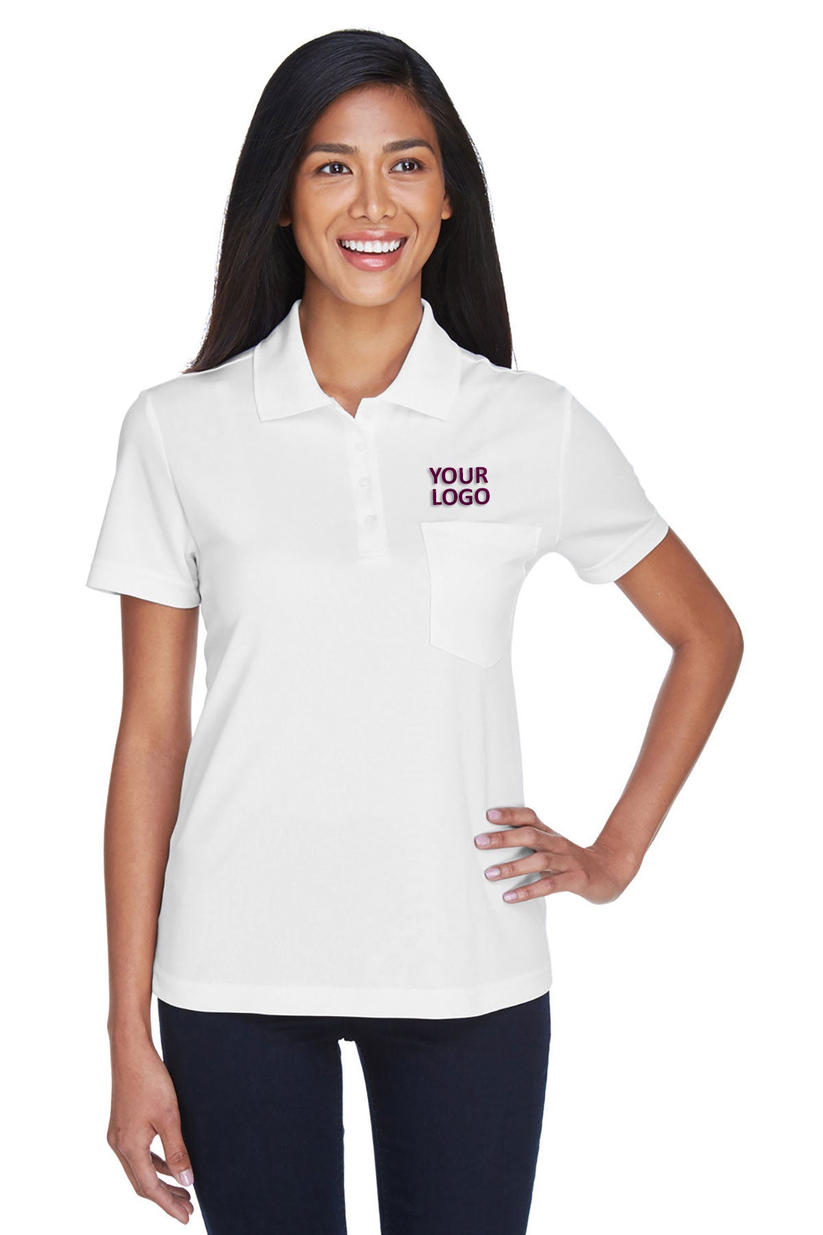 CORE365 Women's Performance Piqué Custom Polo Shirts with Pocket - Breathable & Moisture-Wicking for Golf, Tennis & Casual Wear - White