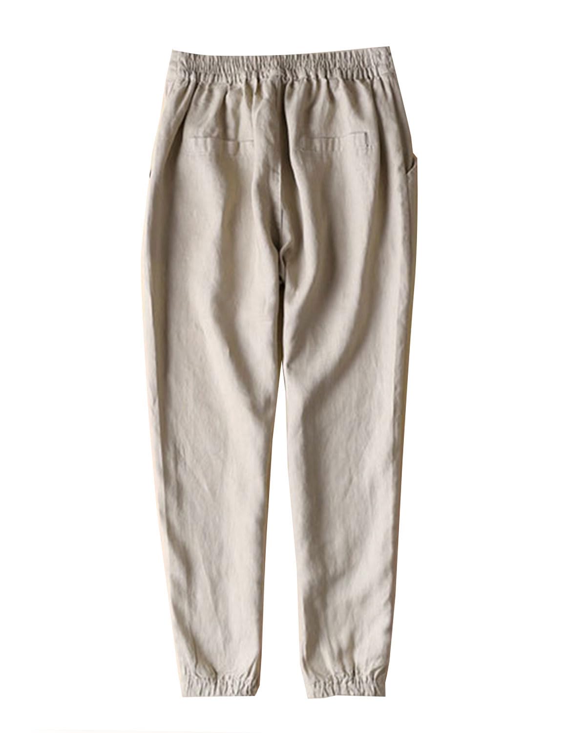IXIMO Women's Tapered Linen Pants - 100% Breathable Drawstring Elastic Waist Ankle-Length Casual Pants | Perfect for Office, Travel & Summer Outfits