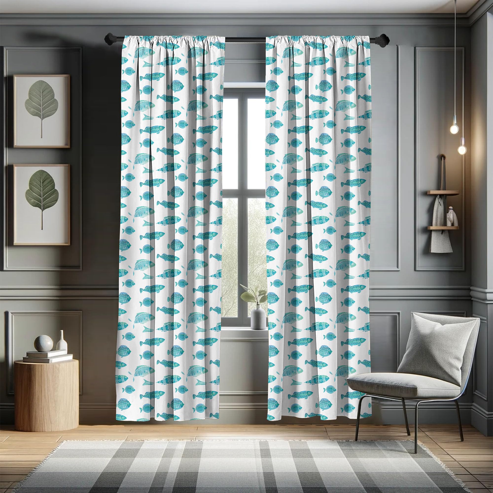 Ambesonne Fish Window Curtains - Doodle Art Ocean Animal Silhouettes Aquatic Underwater Life Decor - Lightweight 2-Panel Set with Rod Pocket - 28