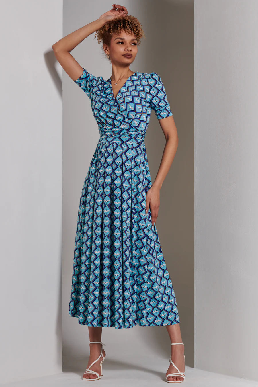 Bree Half Sleeve Jersey Maxi Dress - Green Geometric Print Flowy Summer Dress for Women | Perfect for Beach Vacation, Date Night & Casual Outings