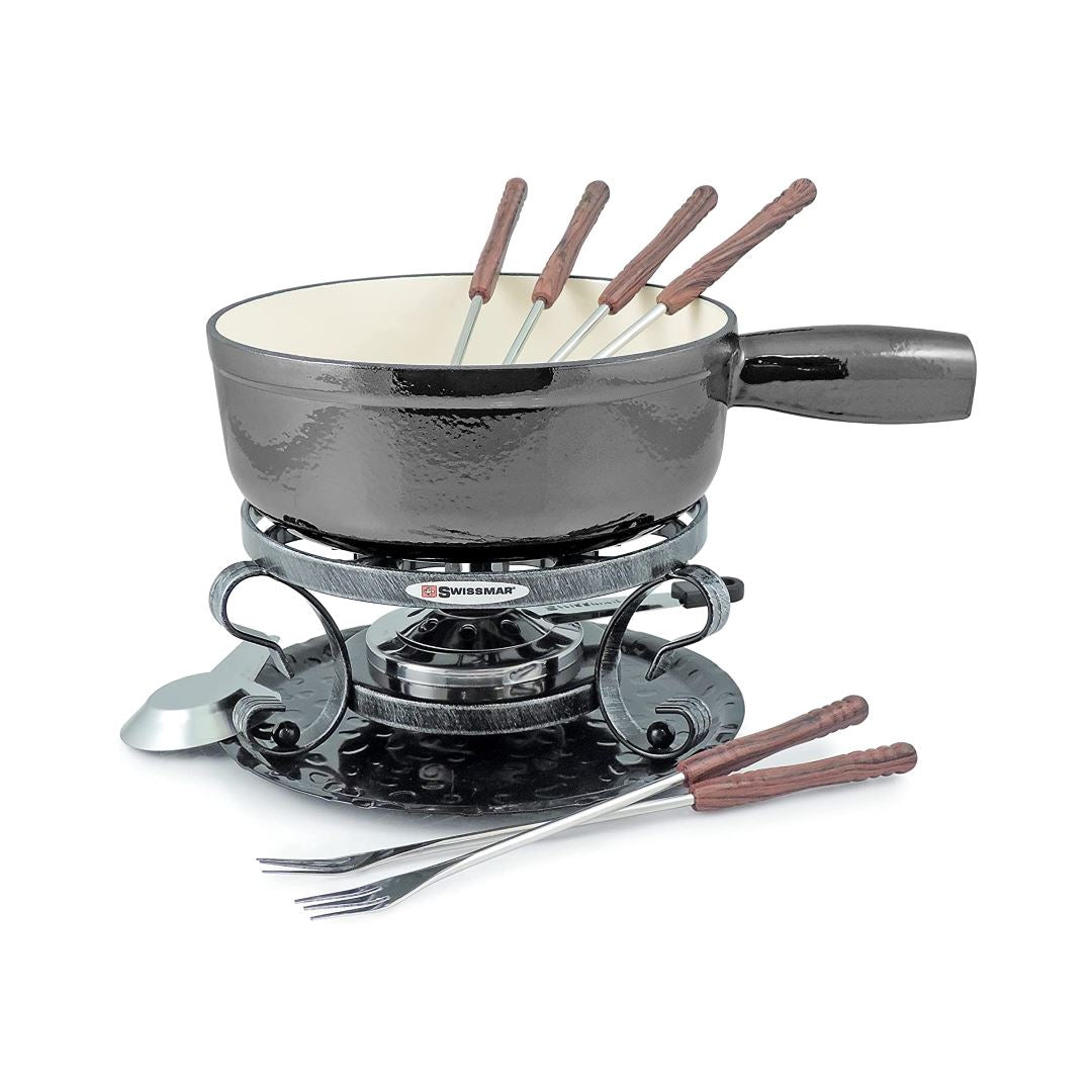 Premium Swissmar Lugano 9-Piece Cast Iron Fondue Set - Metallic Black | Cheese & Chocolate Melting Pot | Perfect for Romantic Dinners & Family Gatherings