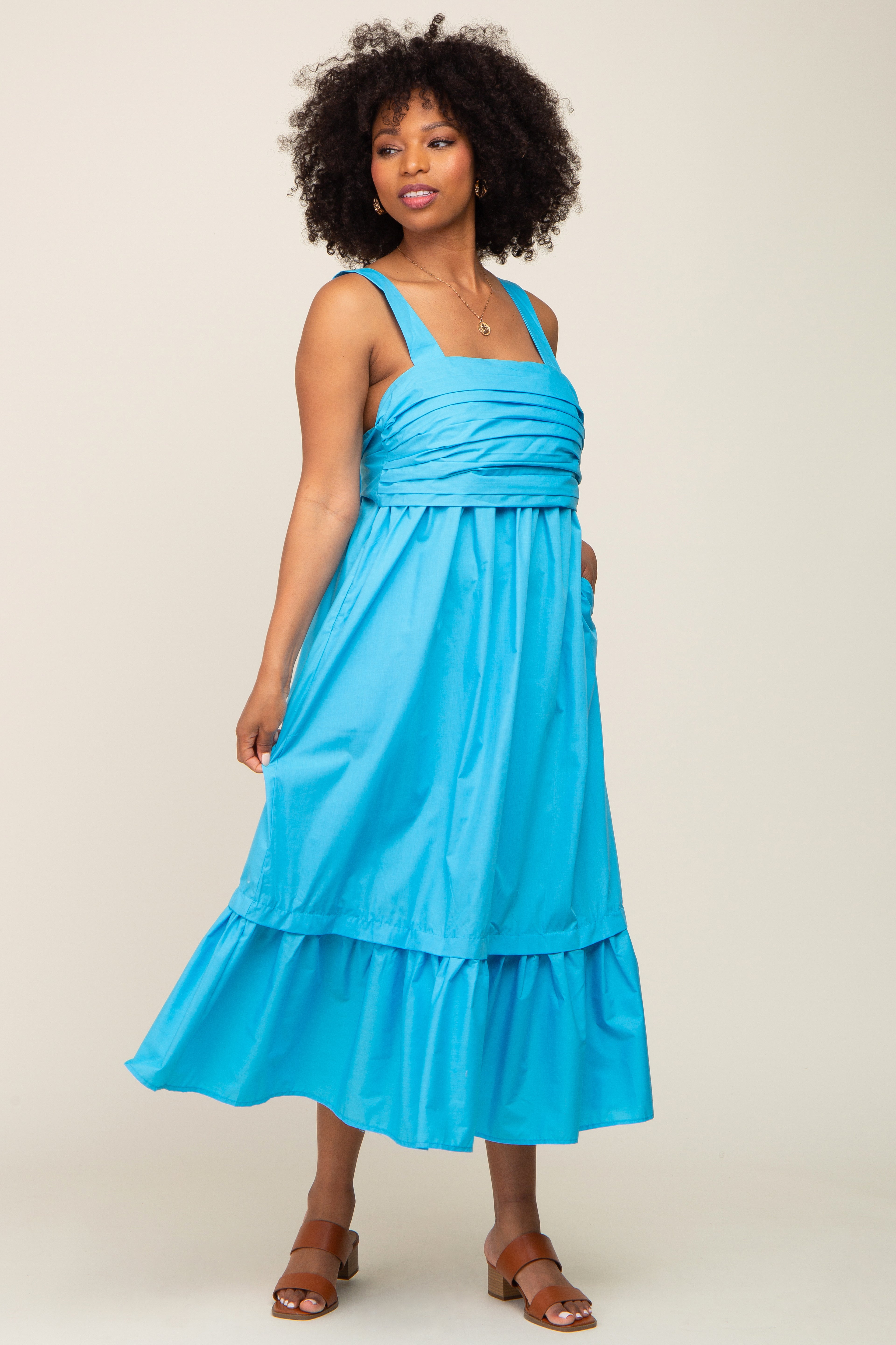 Aqua Pleated Back Tie Maternity Midi Dress for Pregnancy - Comfortable Stretchy Nursing Dress for Baby Shower, Maternity Photos & Special Occasions