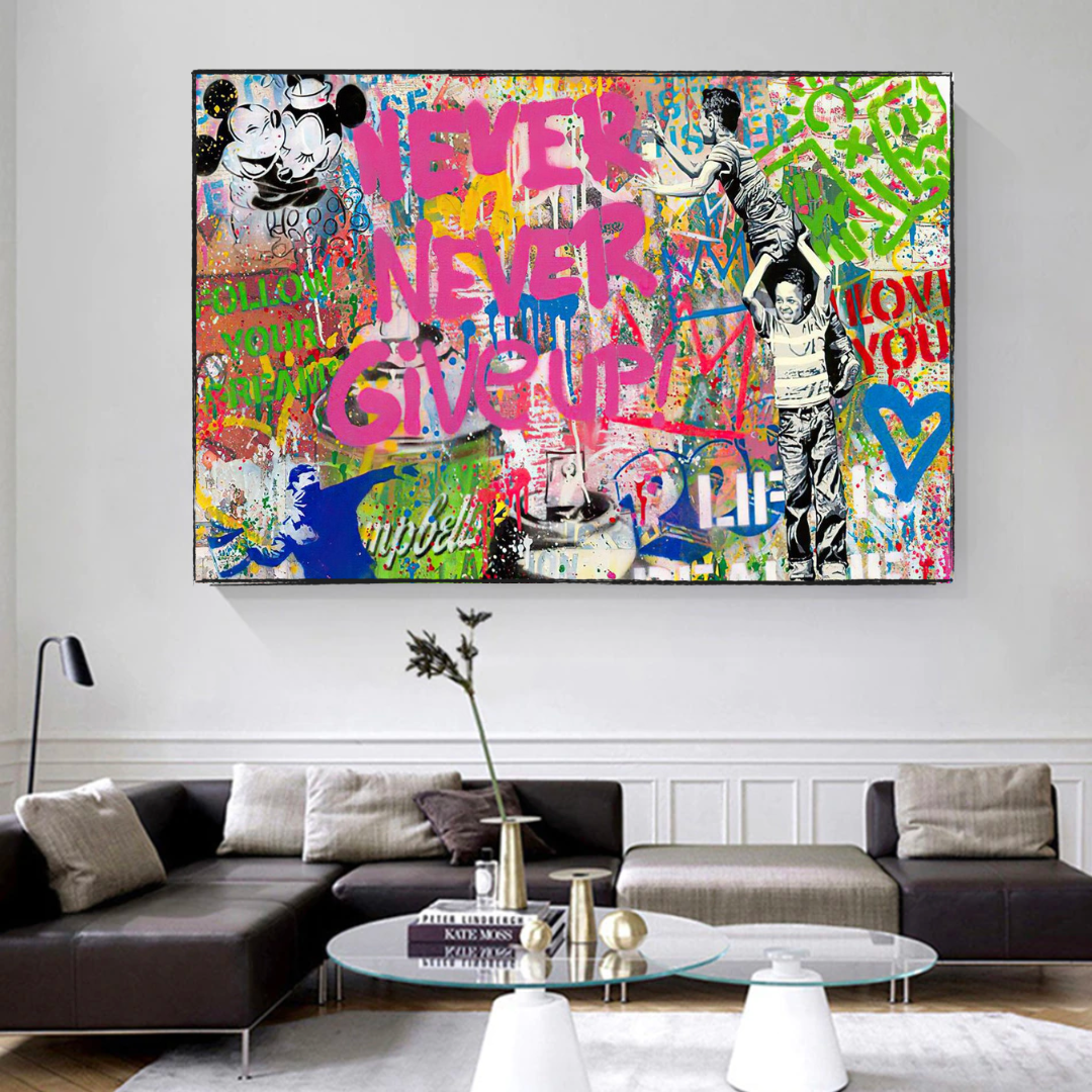 Banksy Never Give Up Canvas Wall Art Print - Inspirational Street Art Poster for Home, Office & Gift Decor