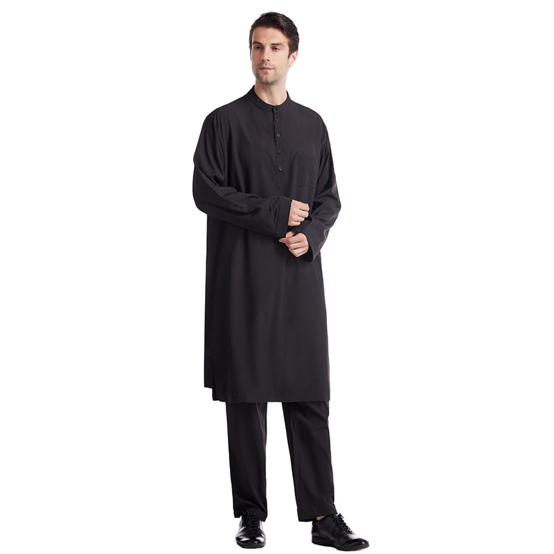 Premium Arab Men's Solid Color Thobe Set with Pants - Traditional Islamic Clothing for Eid, Ramadan & Daily Wear - Comfortable Cotton Thobe for Prayer, Mosque & Special Occasions