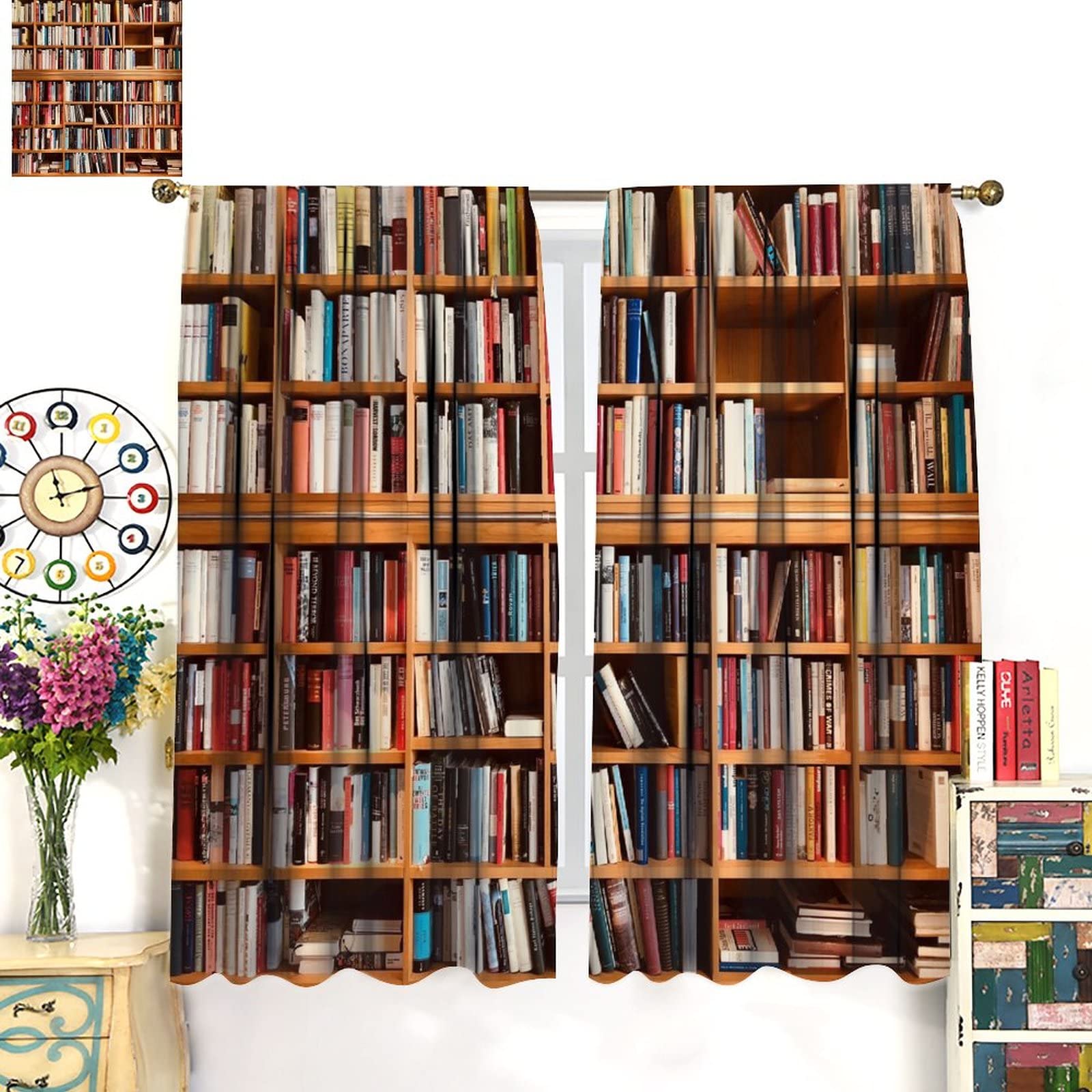 Brown Bookcase Print Curtains Set of 2 Panels - Literature Themed Window Drapes with Bookshelf Design for Living Room, Bedroom, Kitchen (52x84 Inches) | Perfect for Home Library Decor & Reading Nook Ambiance