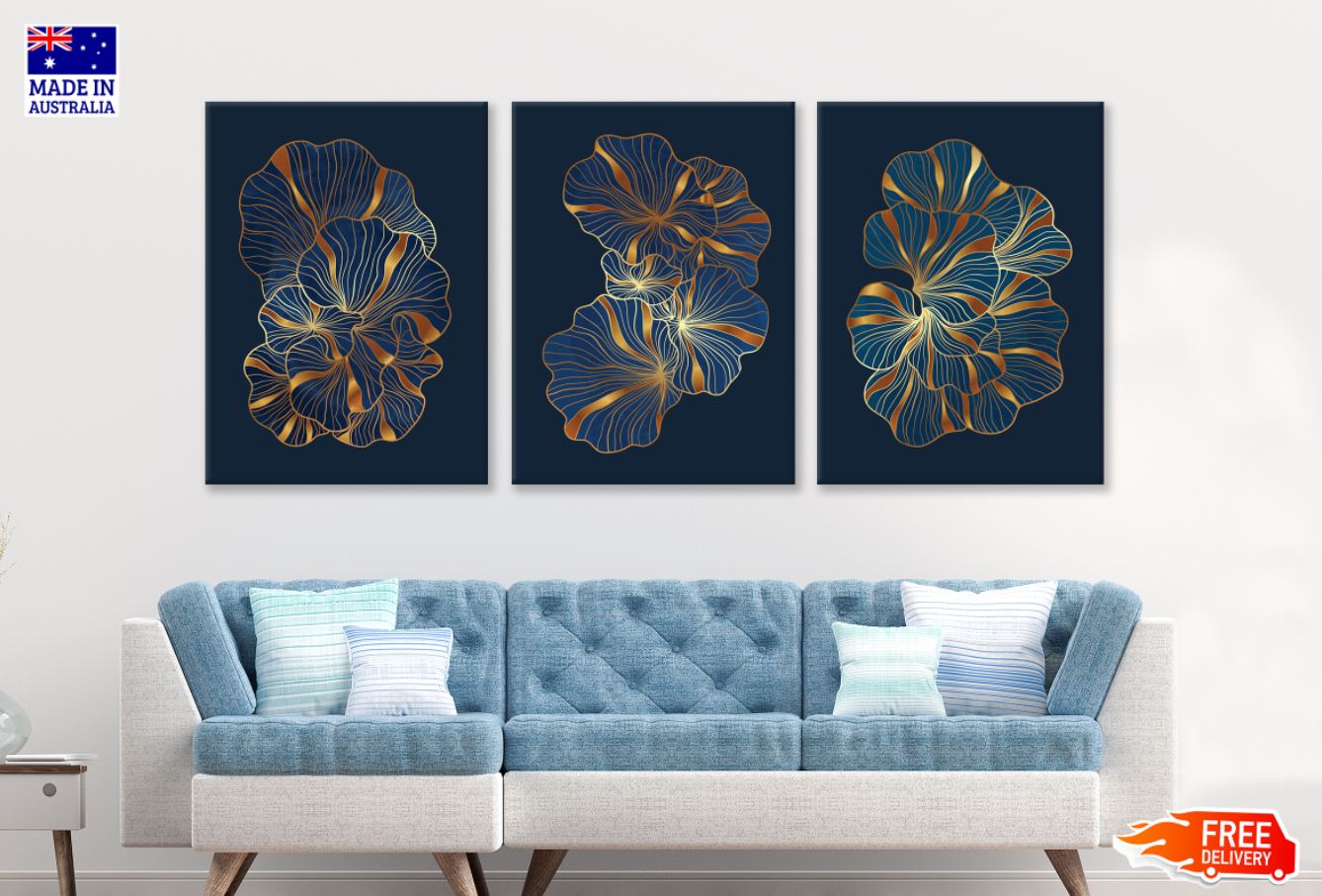 3-Piece White & Gold Floral Wall Art Canvas Set - Premium 100% Australian Made - Ready to Hang - Perfect for Living Room, Bedroom & Office Decor