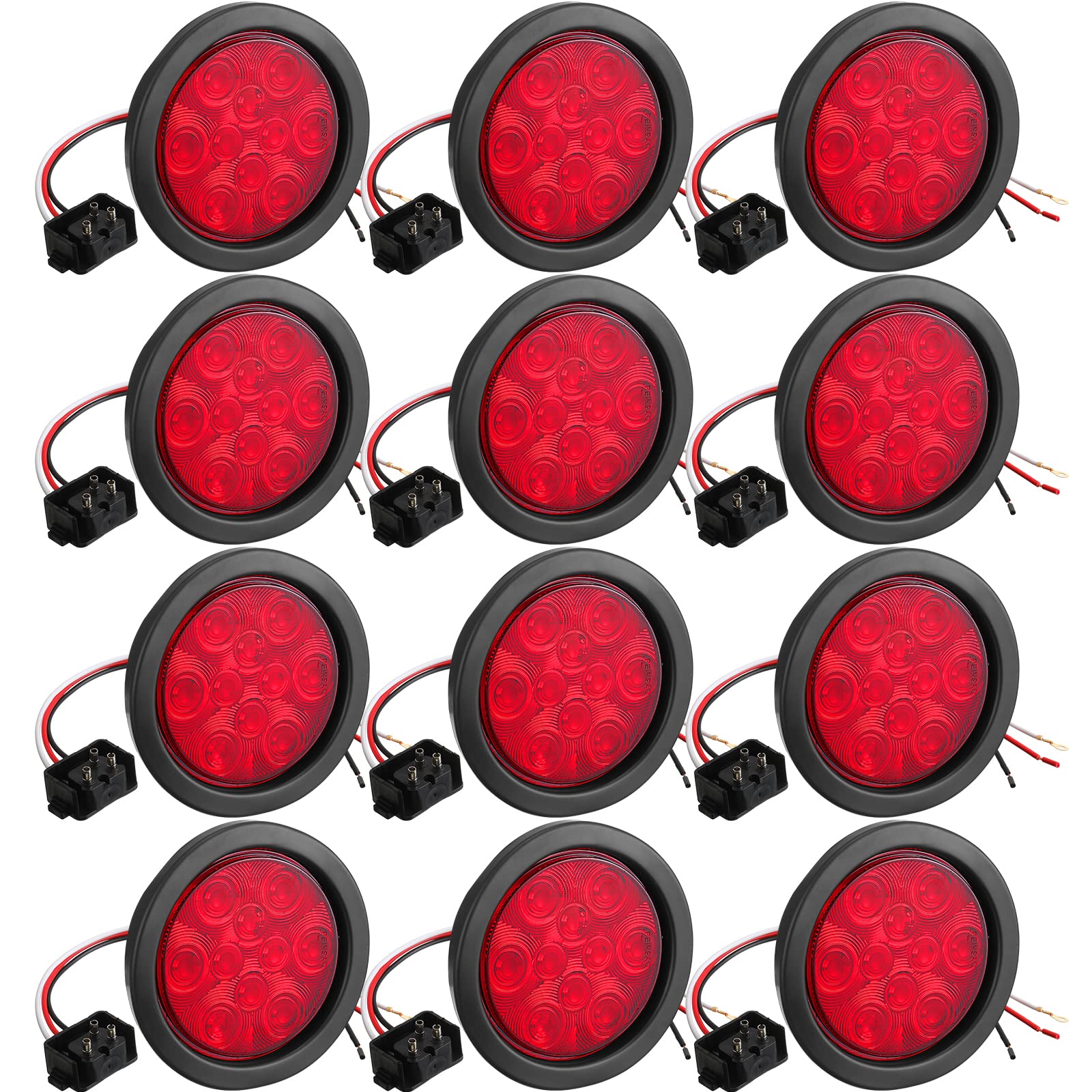 12 Pcs 4 Inch Round LED Trailer Tail Lights - 10 LED Waterproof 12V Brake Stop Turn Signal Lights for Trucks, RVs, Boats & Trailers (Red) | Durable Flush Mount Marker Lights for Night Driving & Outdoor Adventures