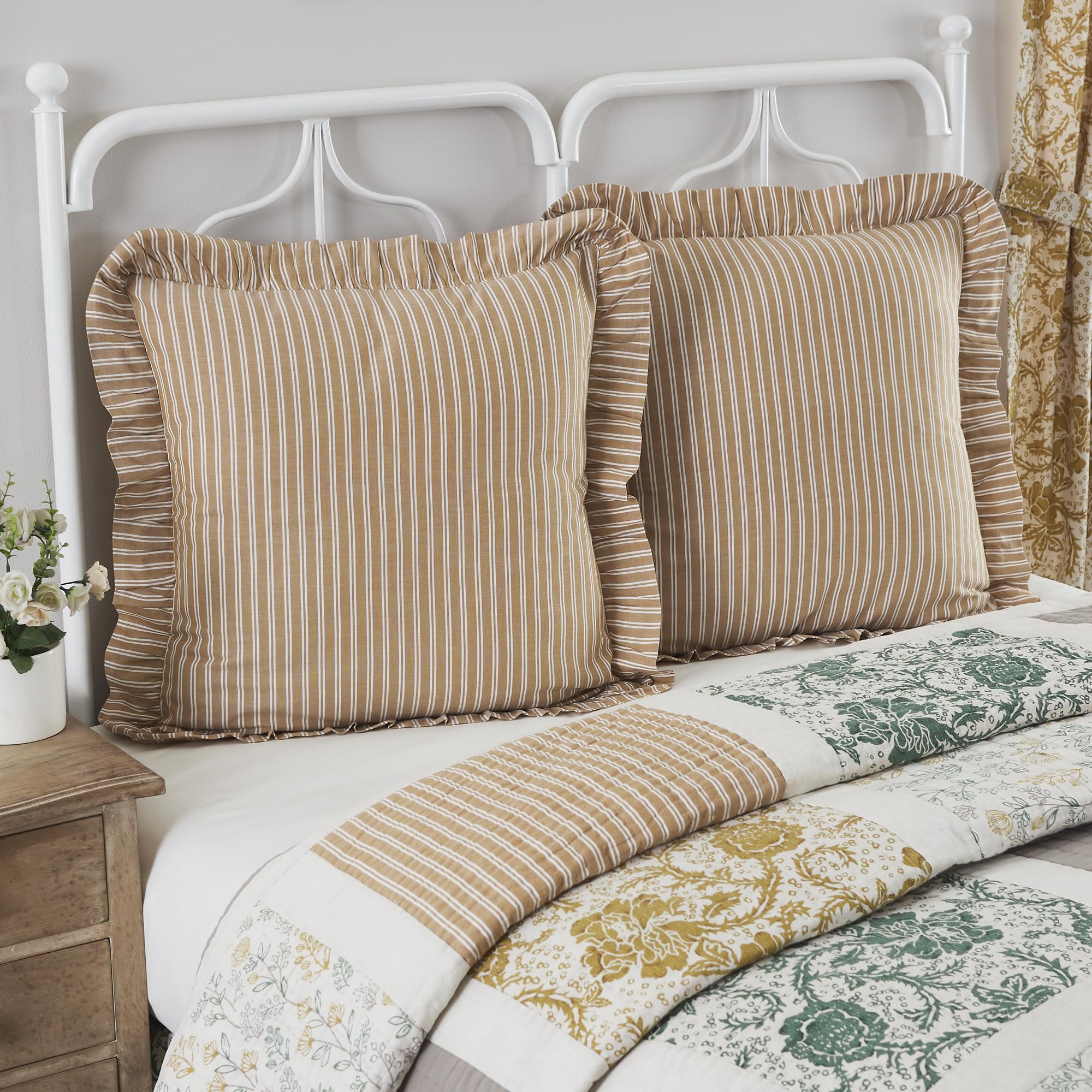VHC Brands Dorset Farmhouse Euro Sham Pillow Cover - 26x27 Inch Ticking Stripe Design in Gold Creme for Bedroom Decor | Perfect for Rustic, Vintage & Farmhouse Style Homes