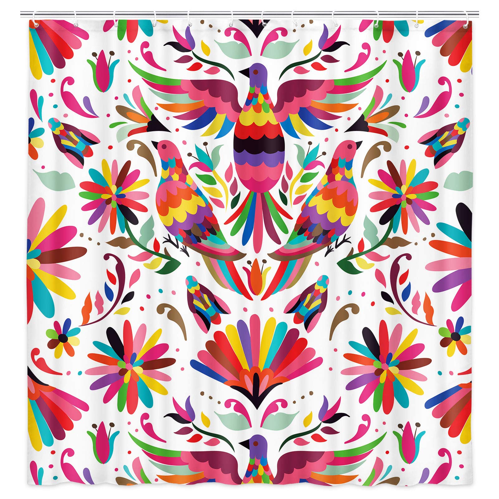 Mexican Otomi Green Floral Shower Curtain Set - Waterproof Polyester Boho Bathroom Decor with Hooks (69x70 Inches) | Vibrant Flowers & Birds Design for Modern, Farmhouse or Bohemian Style Bathrooms